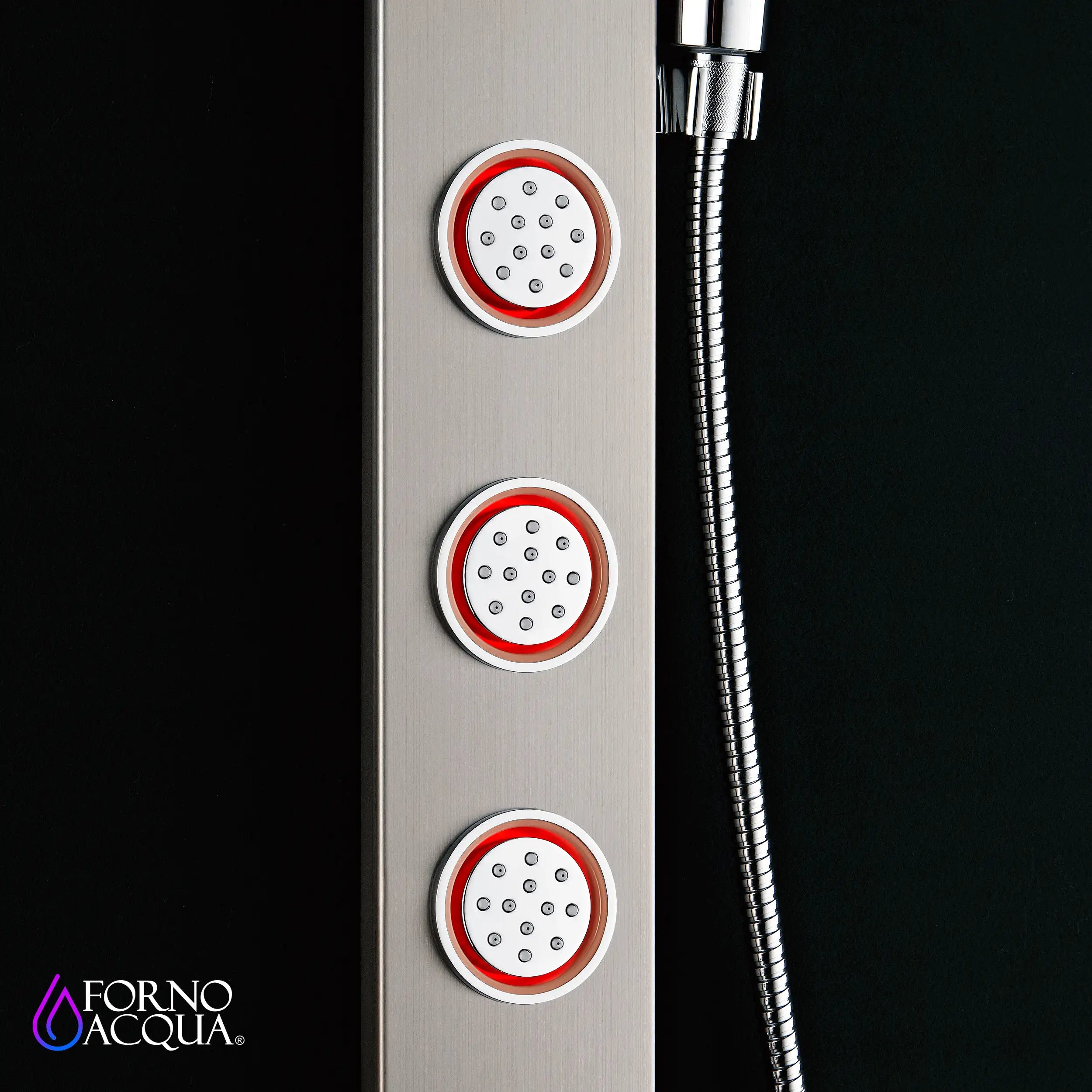 Stainless steel shower panel with three body jets and red light indicators on nozzles