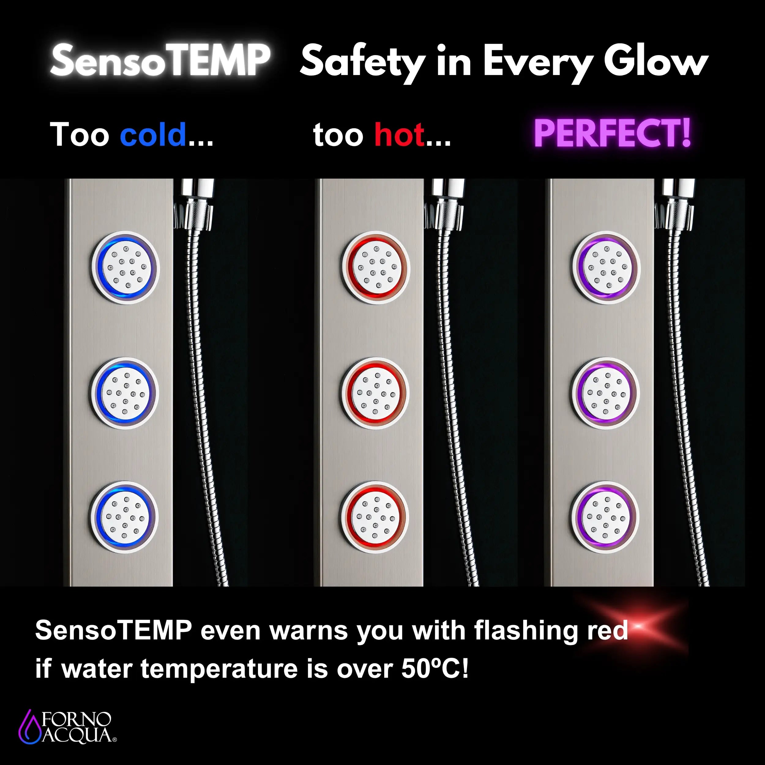 Stainless steel shower panel with SensoTemp LED temperature lights and shower controls