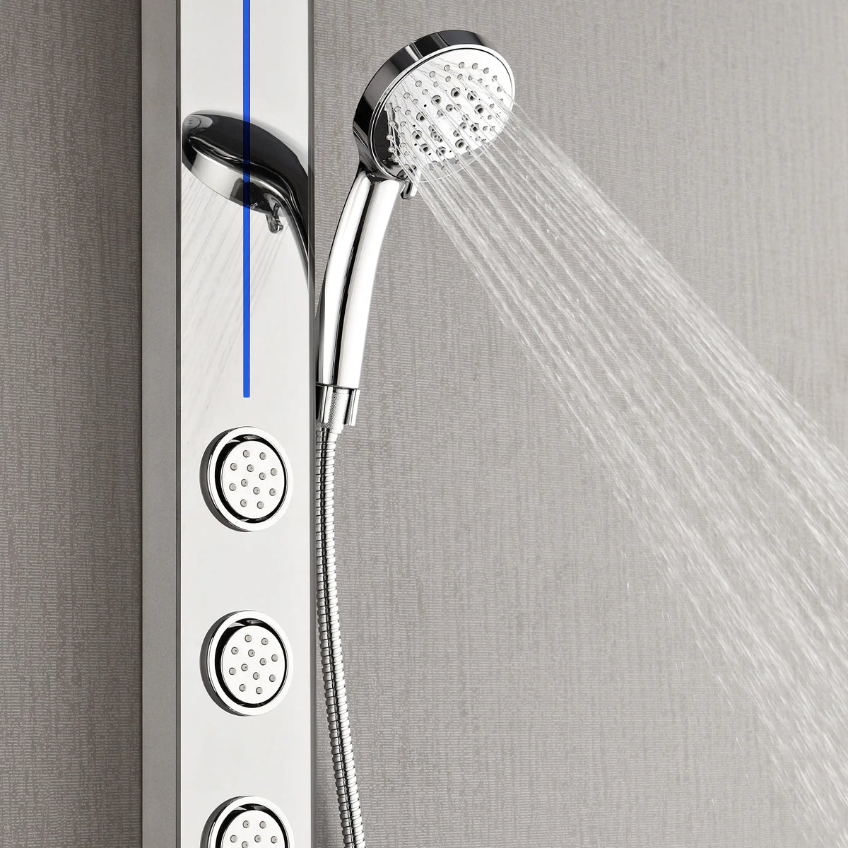 Mirrored stainless steel handheld shower with strong water stream on panel