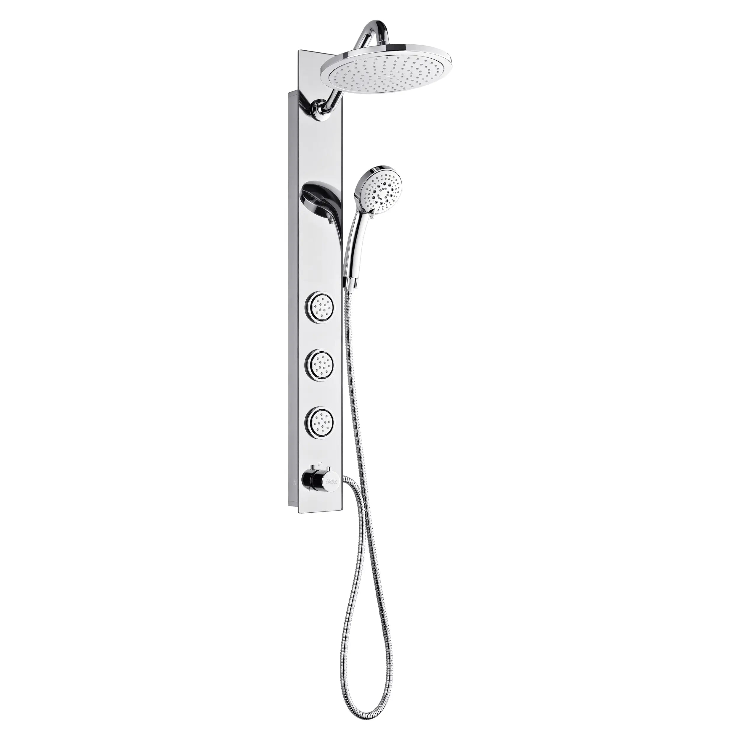 Mirrored stainless steel shower set with overhead rainfall head and handheld sprayer