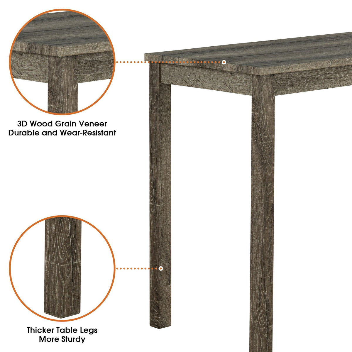 Brown dining table with 3D wood-grain veneer top and thicker support legs