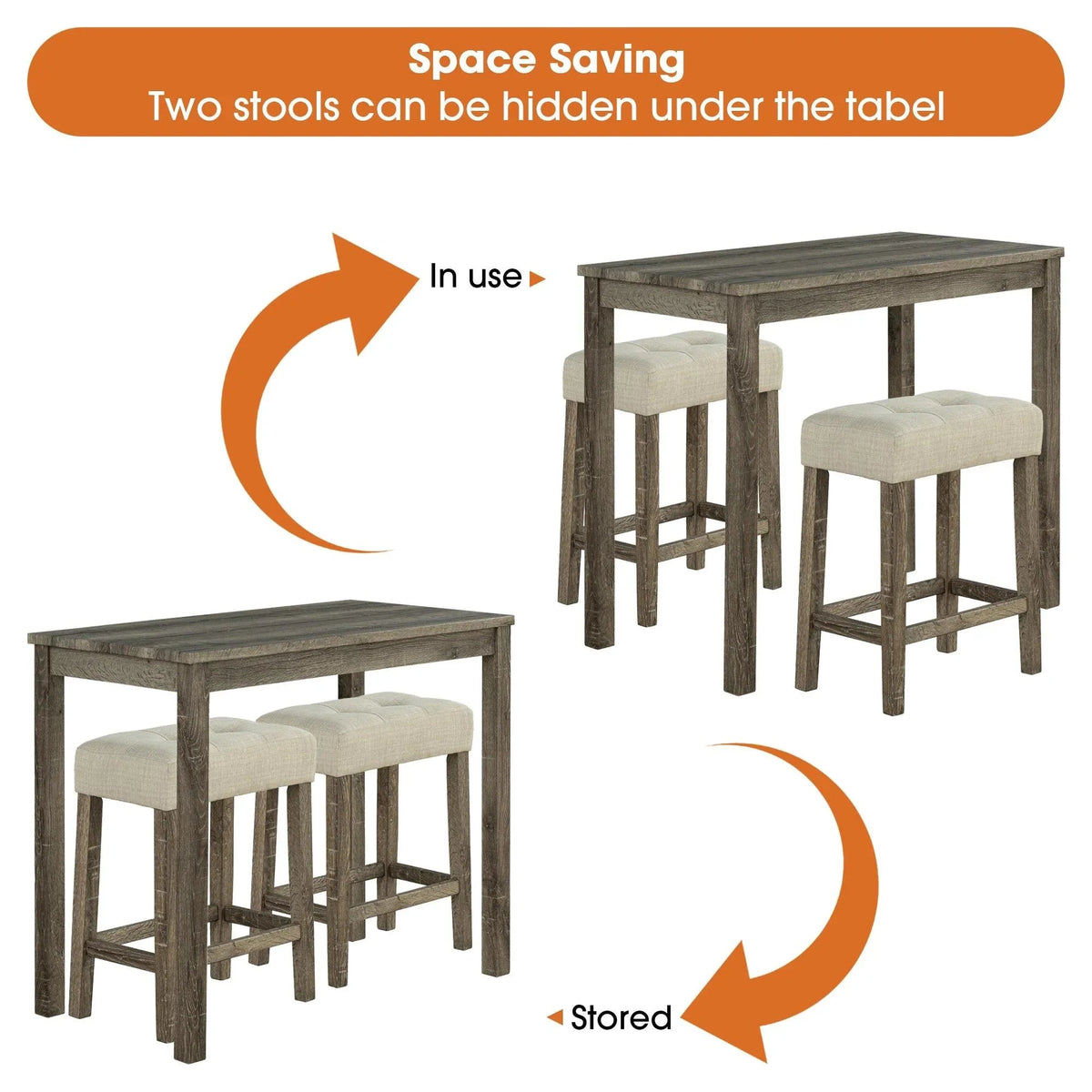 Brown dining table with two beige stools that tuck underneath for storage