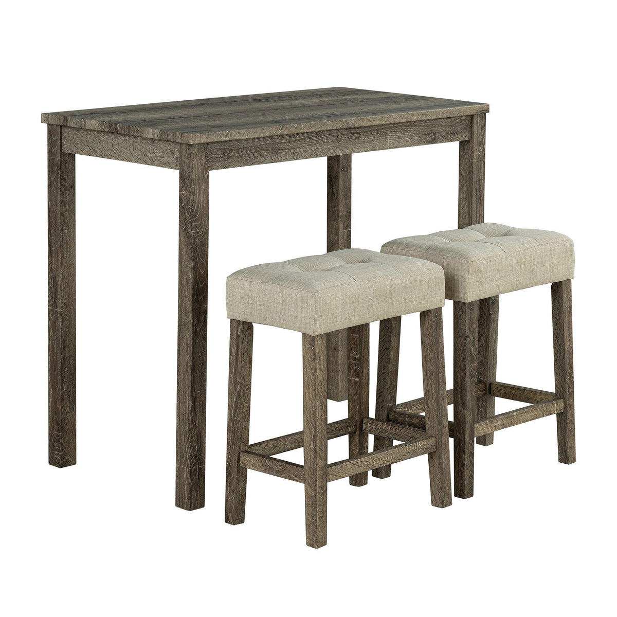 Dining table set with dark brown wood table and two light-gray cushioned stools