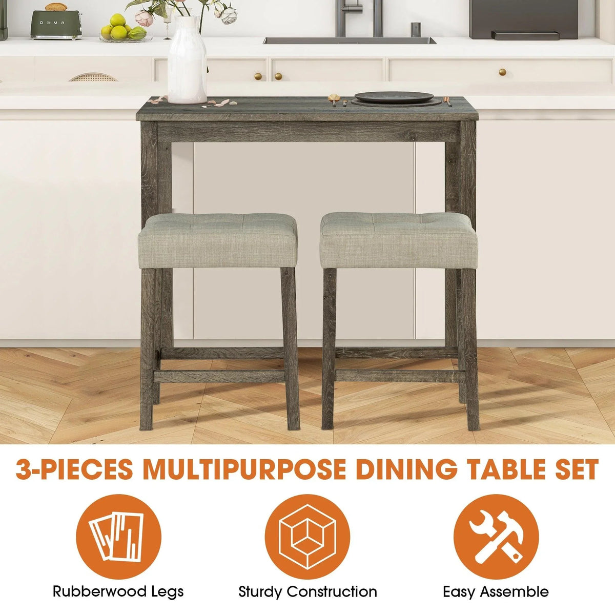 Rustic dining table with two stools; dark brown frame and light-gray cushioned seats