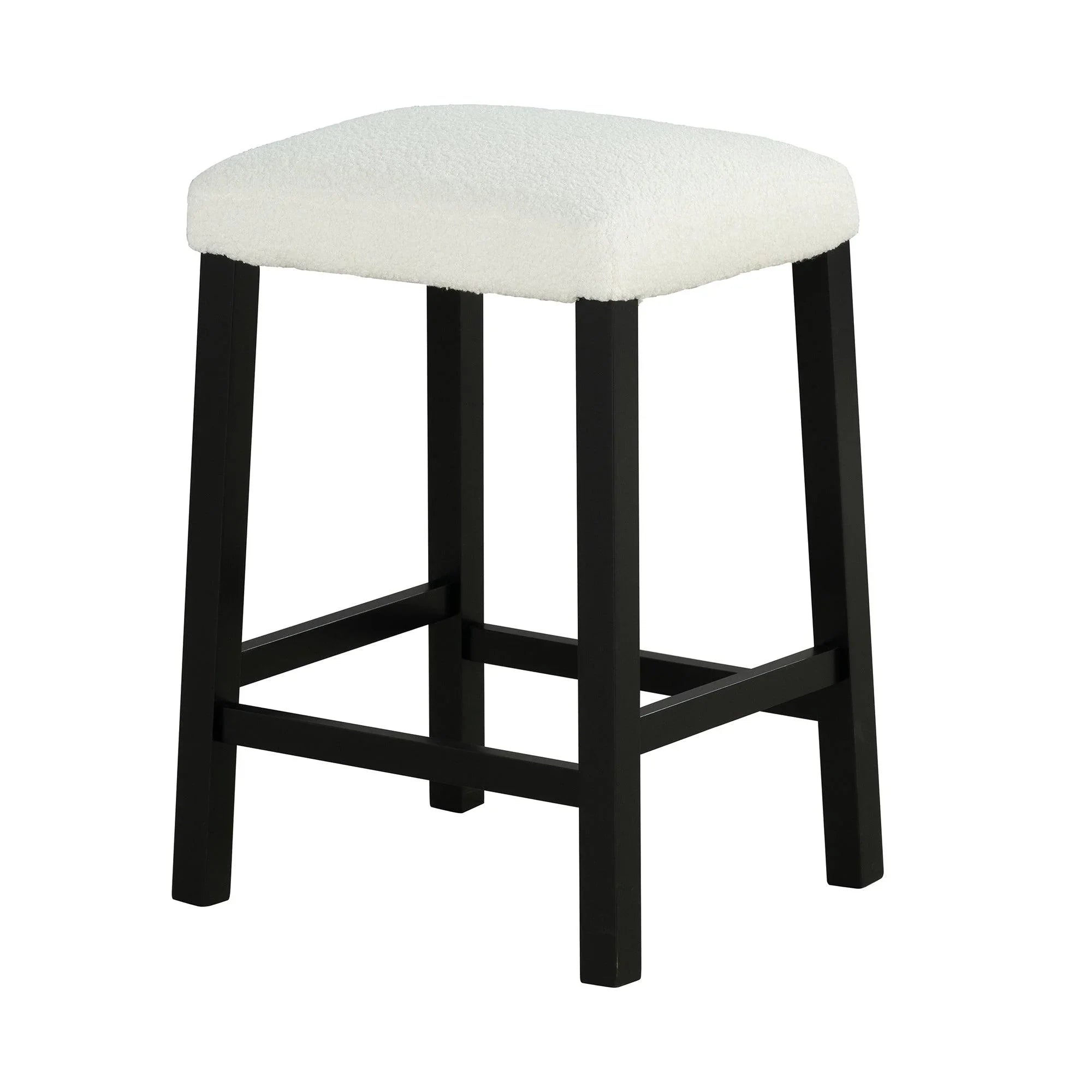 Black bar stool with rounded white upholstered seat and footrest supports