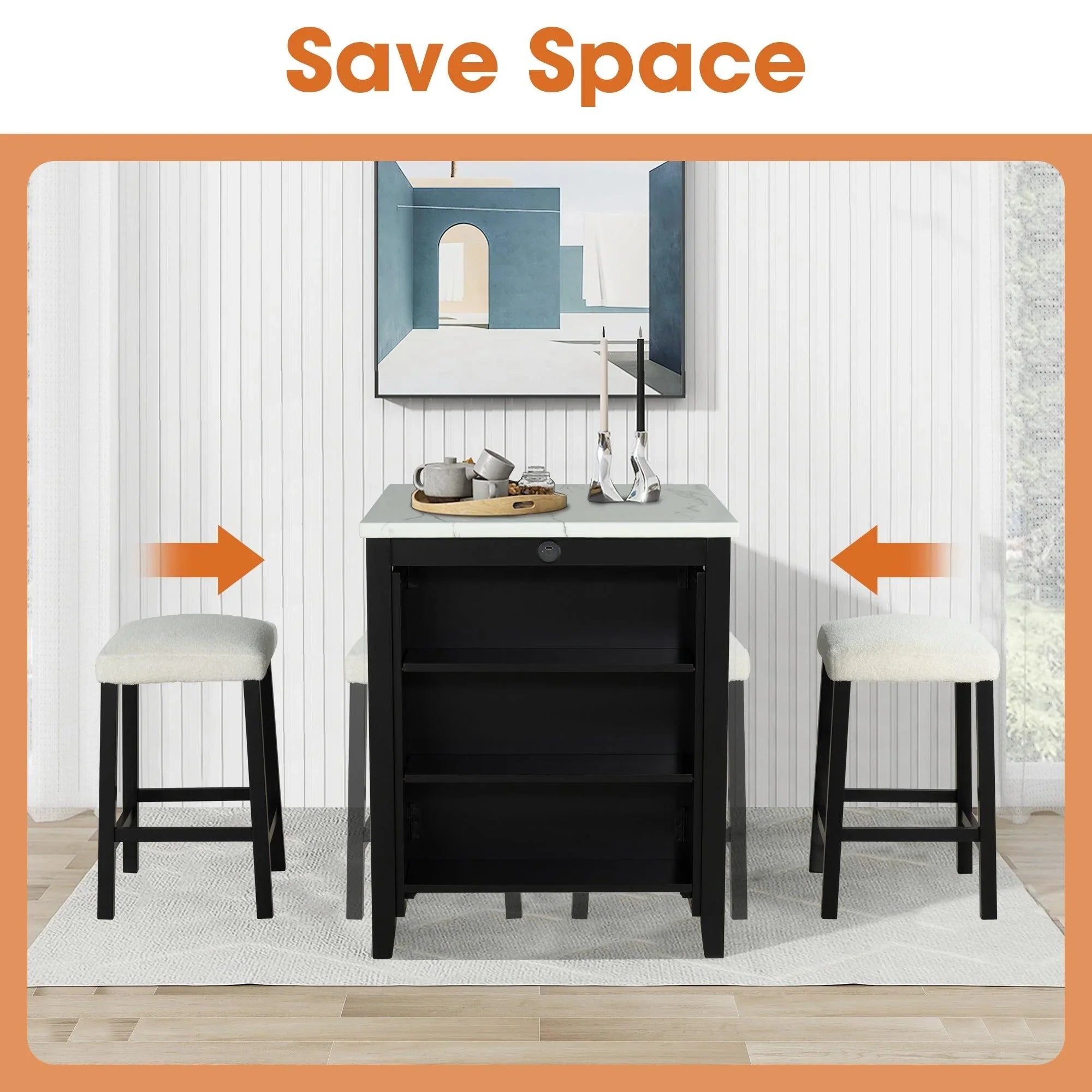 Black dining table with high-gloss top and two white cushioned stools, compact cabinet.