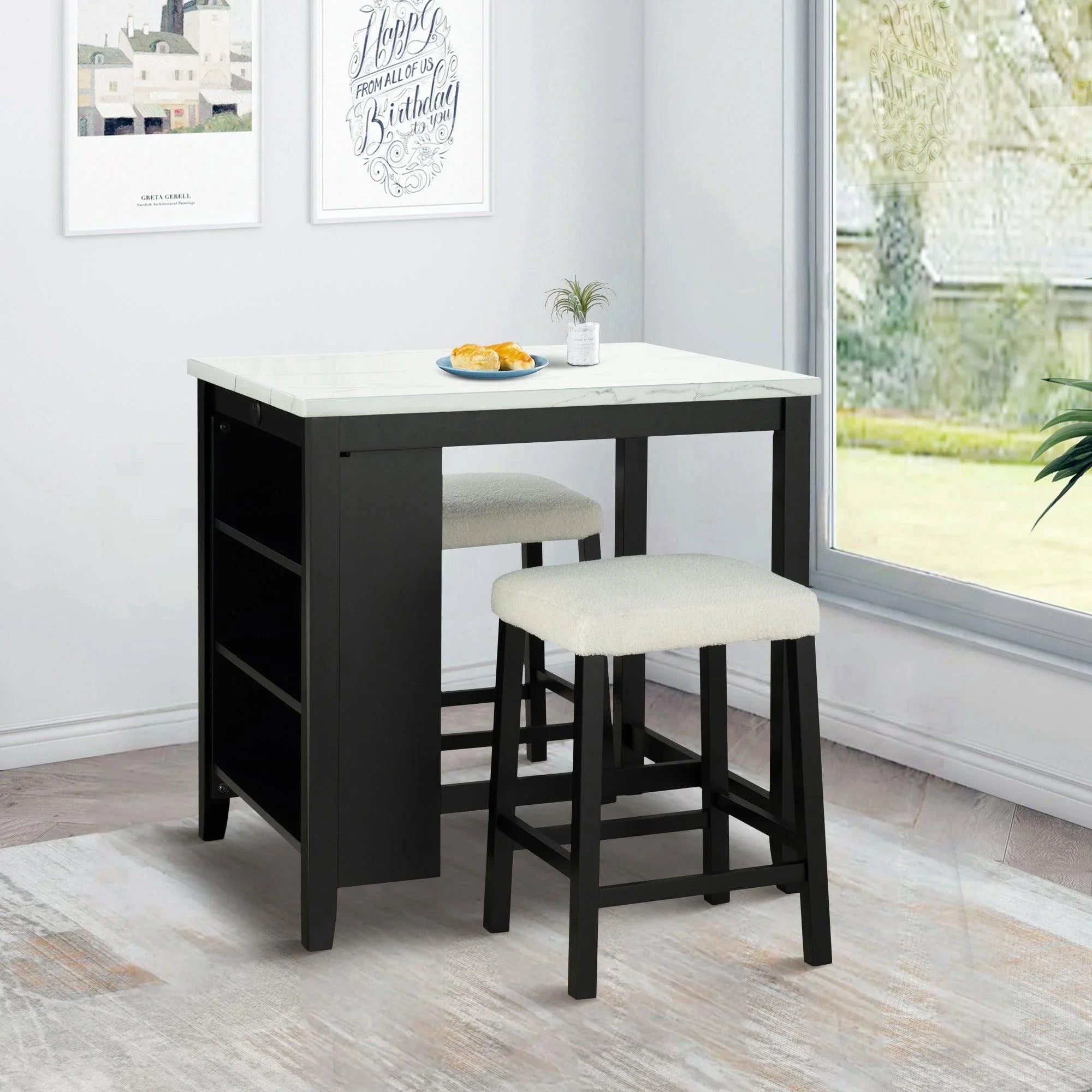 Black dining table set with marble-look top and two white upholstered bar stools