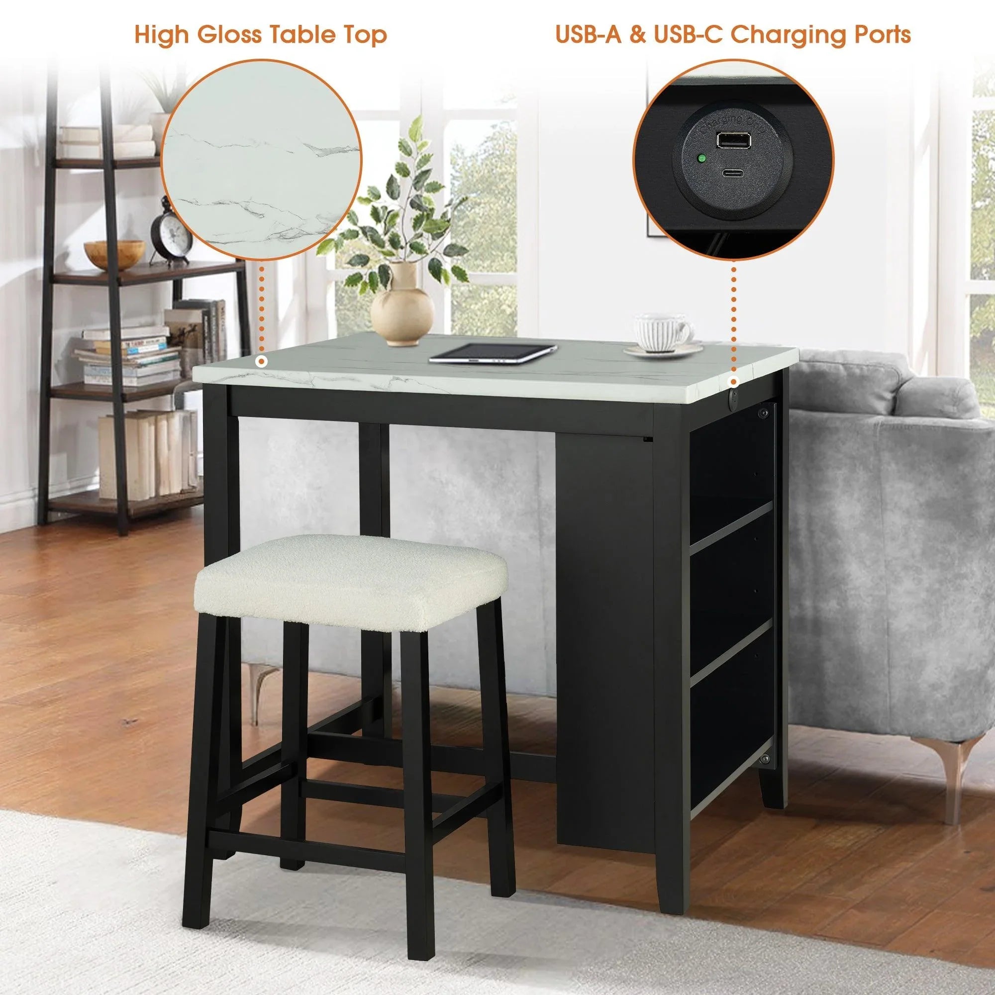 Black high-gloss dining table with white top and USB-A plus USB-C charging ports.