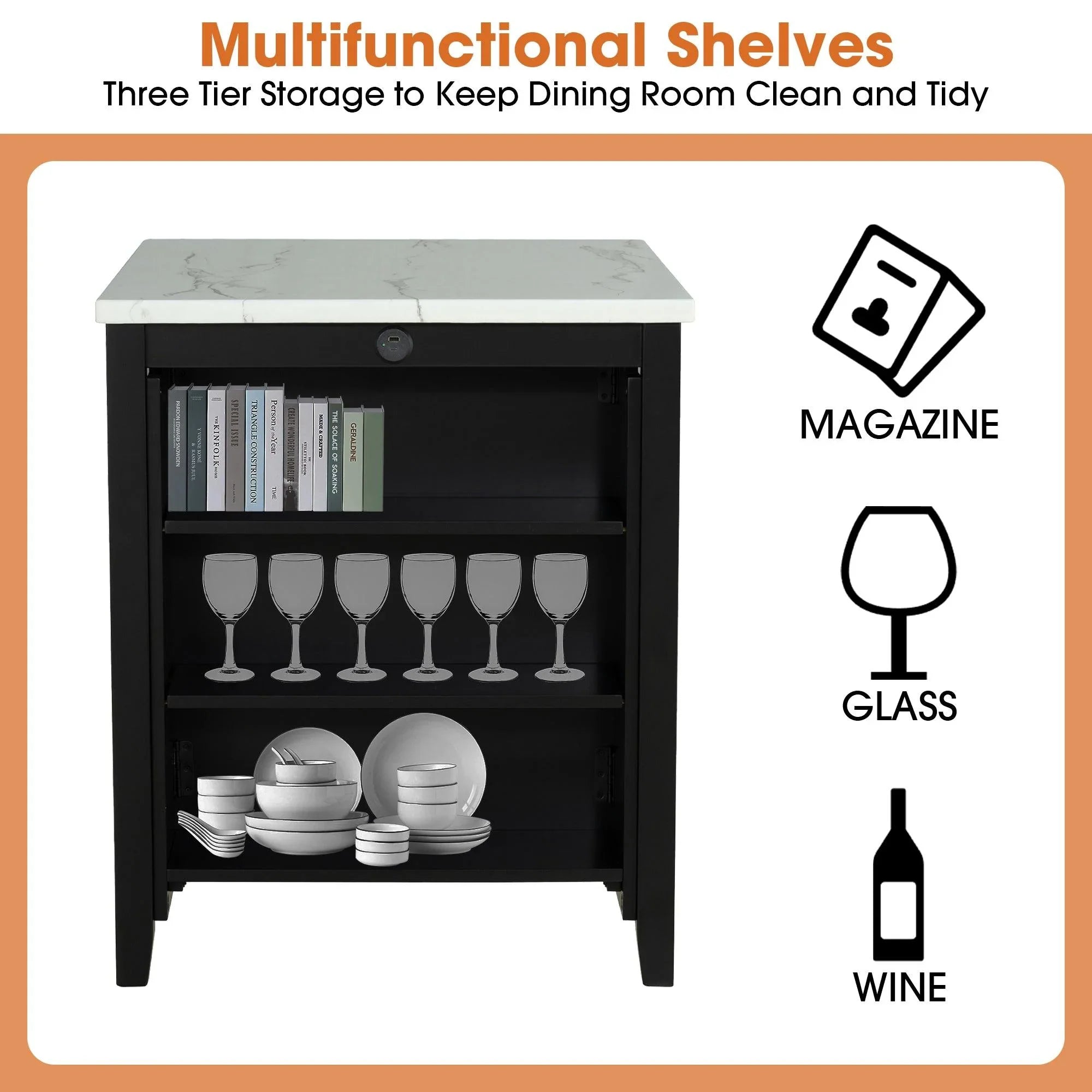 Storage feature diagram for a dining table with shelving icons