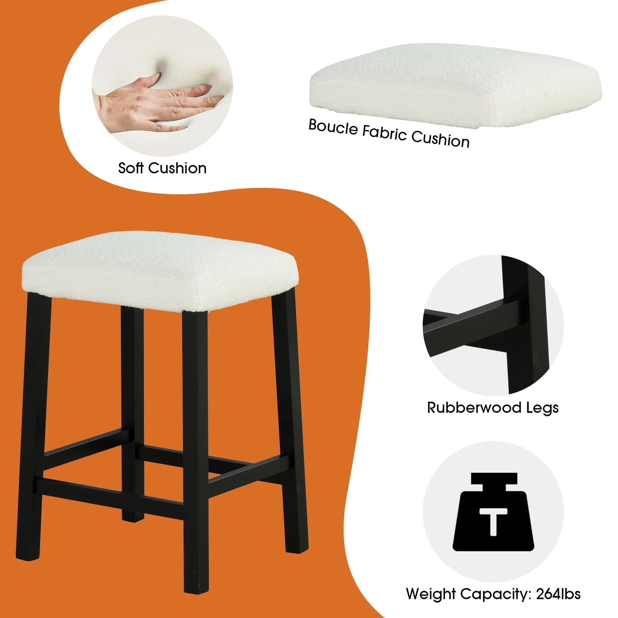 White boucle cushioned stool with black rubberwood legs and footrest frame.