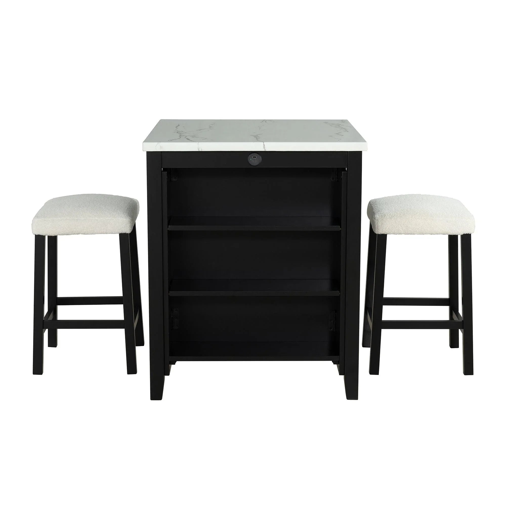 Black bar-height dining table with marble-look top and two white upholstered stools