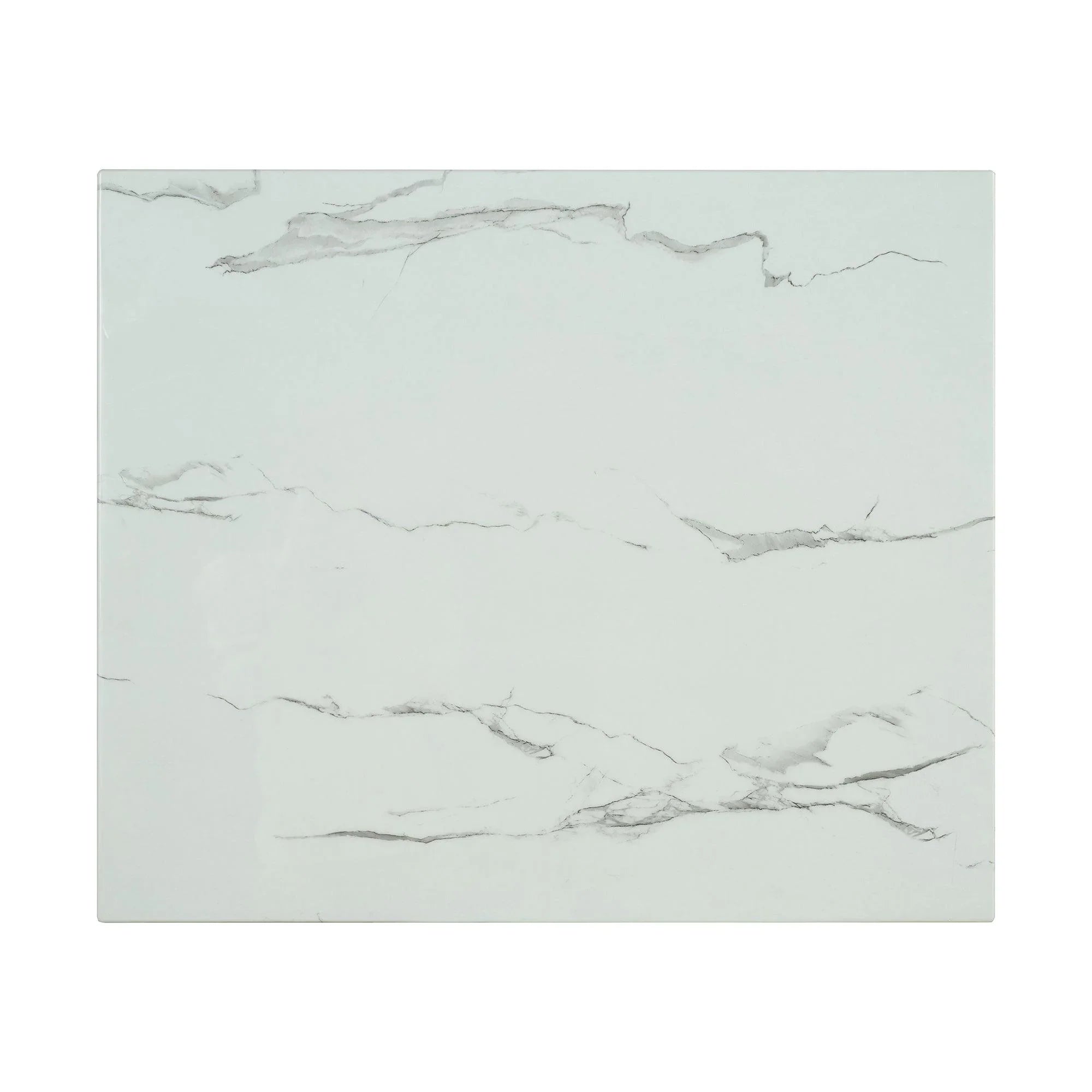 Glossy white marble-look tabletop with subtle gray veining