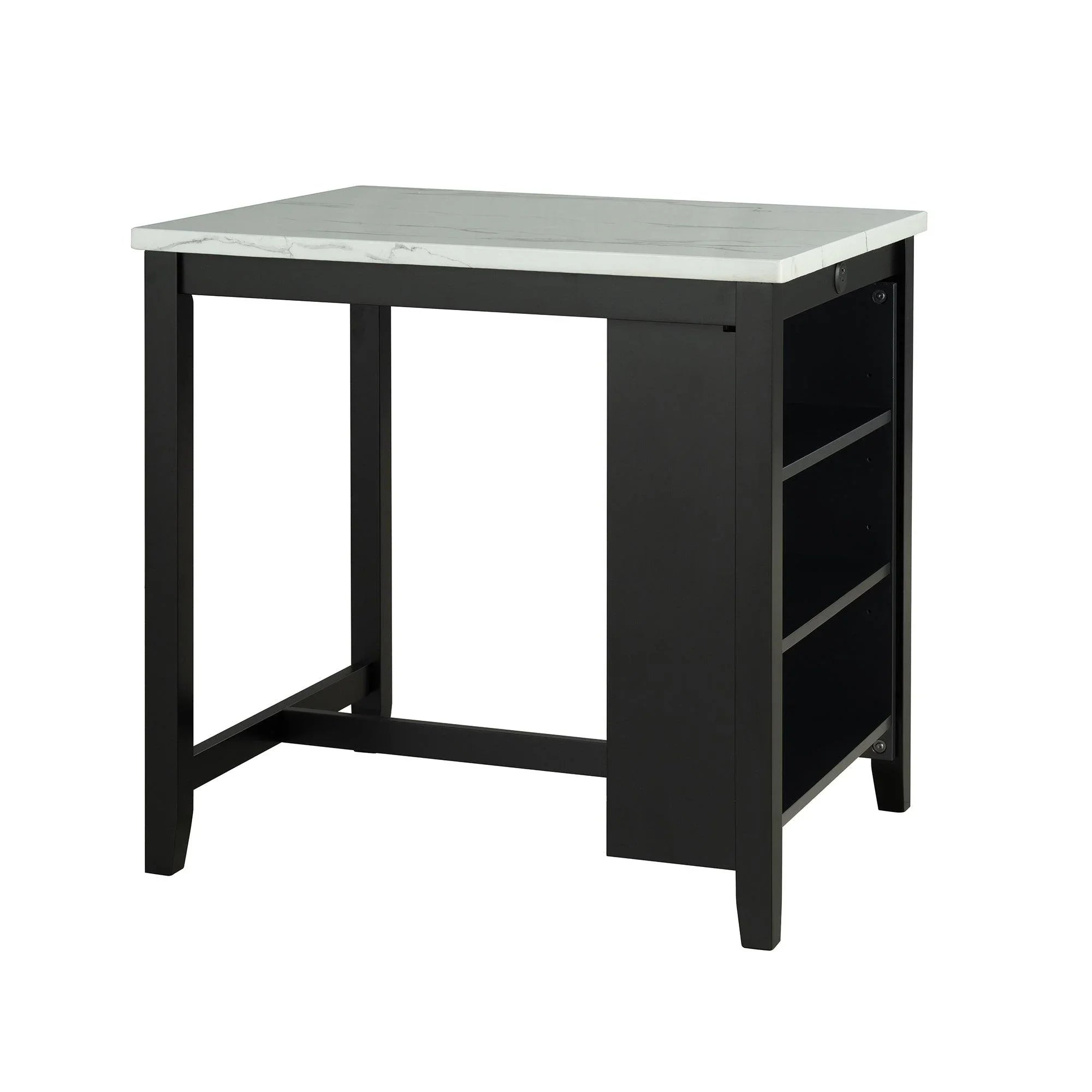 Black dining table with glossy marble-look top and side storage shelf