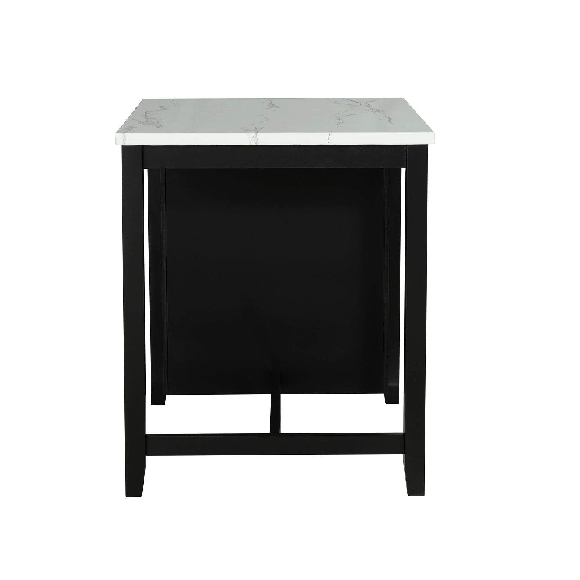 Black dining table with glossy white marble-look top and open front storage