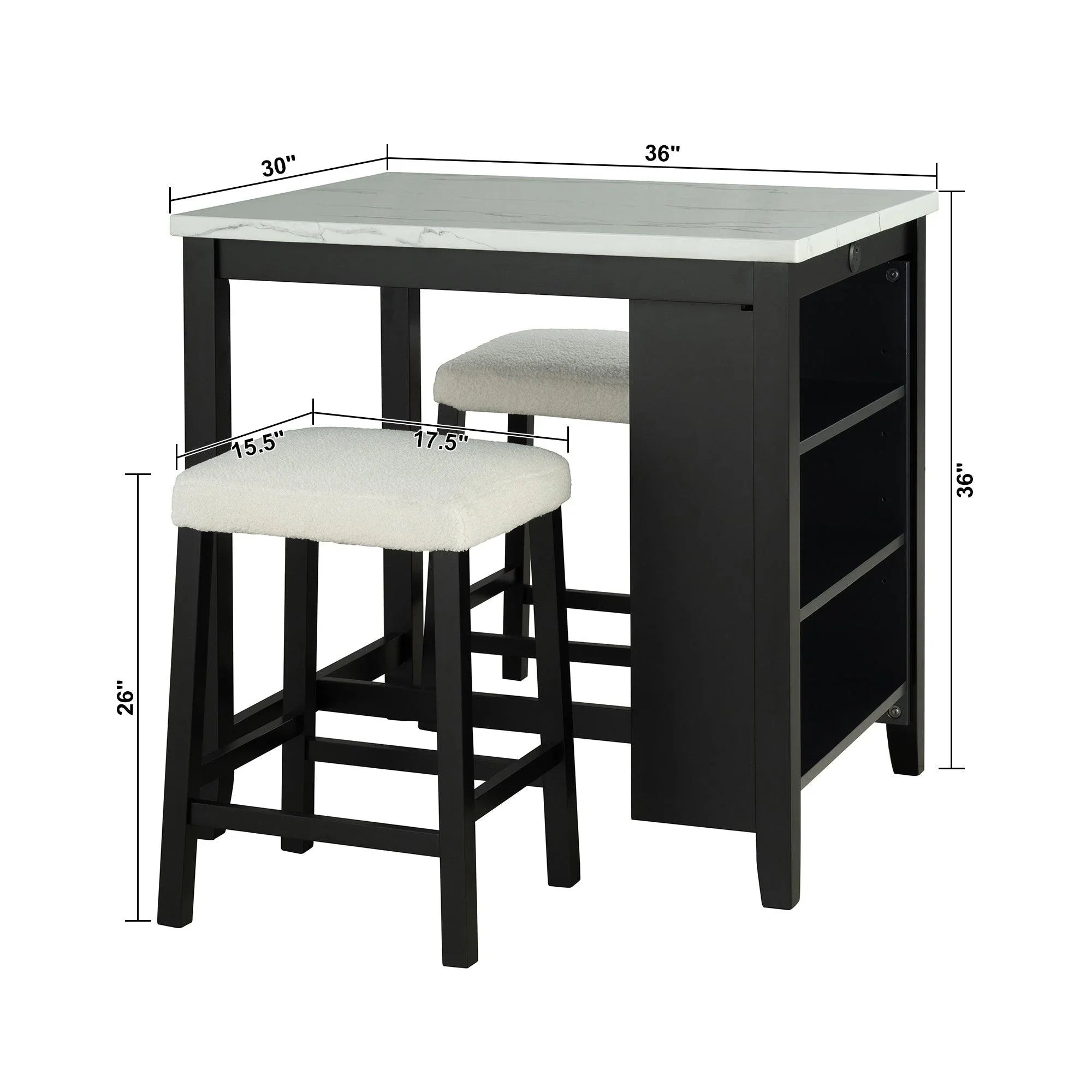 Bar-height table with two stools shown with labeled dimensions