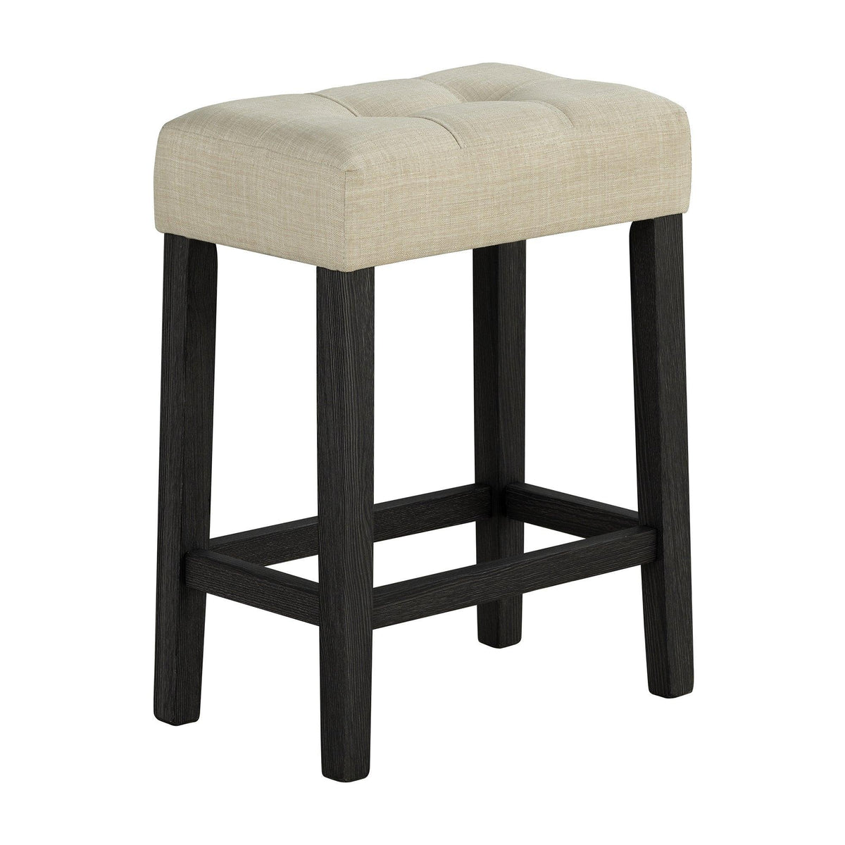 Beige upholstered bar stool with dark legs and built-in footrest