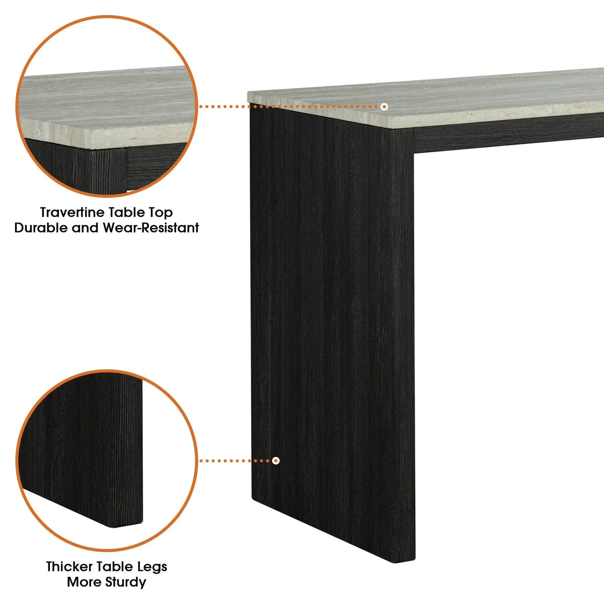 Black dining table with travertine-look top and thick dark legs