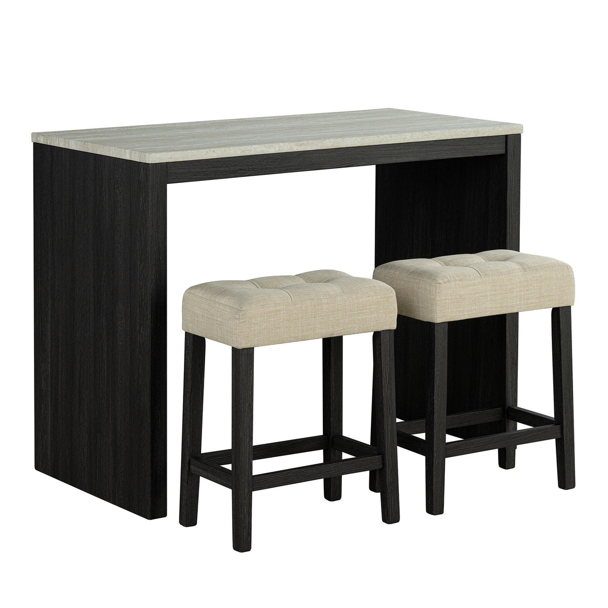 Black square dining table with travertine-look top and two beige stools