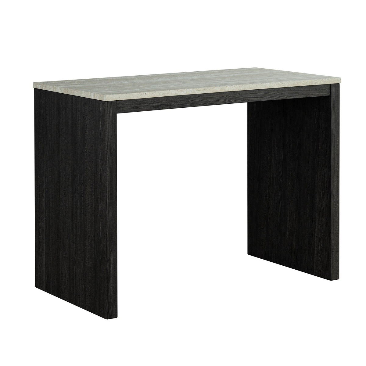 Black dining table with travertine-look top, straight legs and squared edges