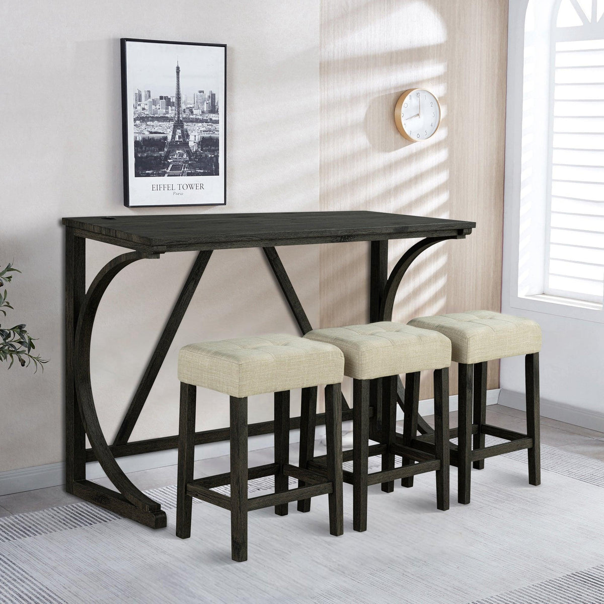 Rustic dark brown dining bar table set with three stools, beige upholstered seat cushions