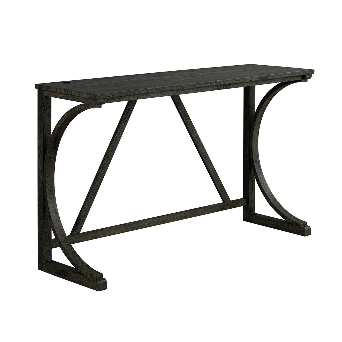 Dark brown bar table with curved apron and triangular support, angled side view