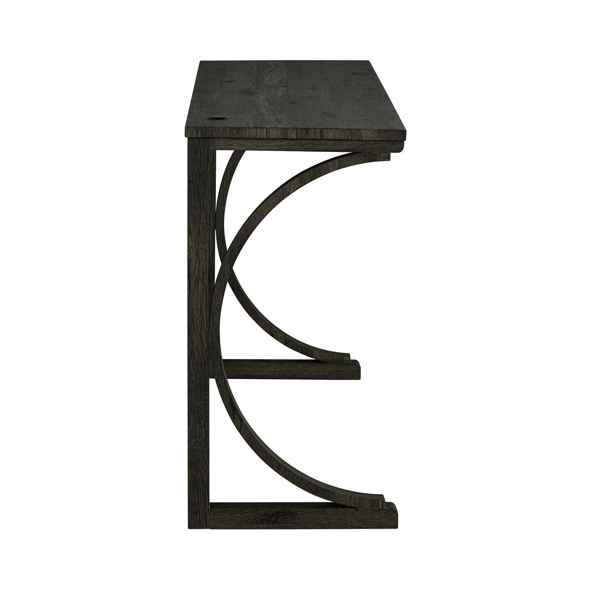 Dark brown bar table end with curved metal-style base support, side view