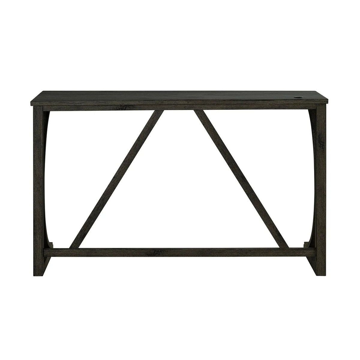 Dark brown rustic bar table base with cross-brace support, front view