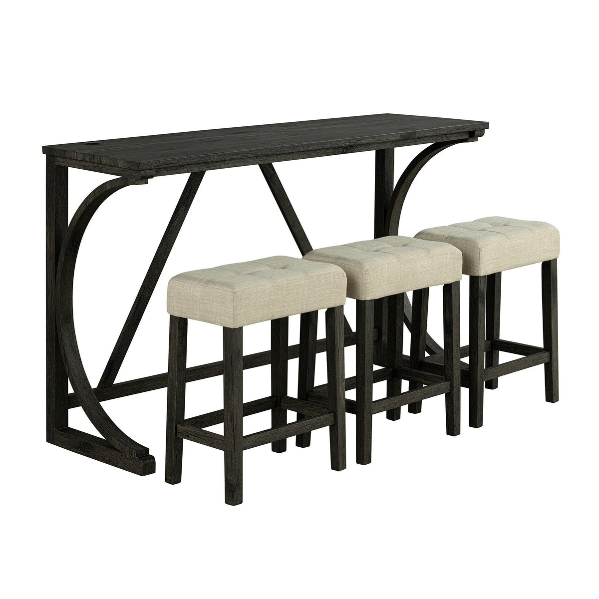 Dark brown rustic dining and bar table with three beige upholstered stools, wide view