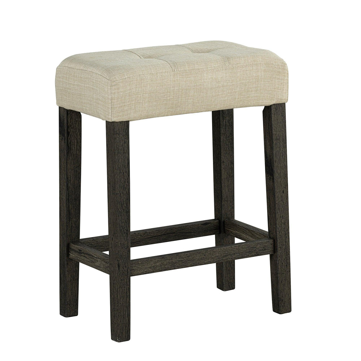 Bar stool with beige upholstered seat and dark stained wood frame