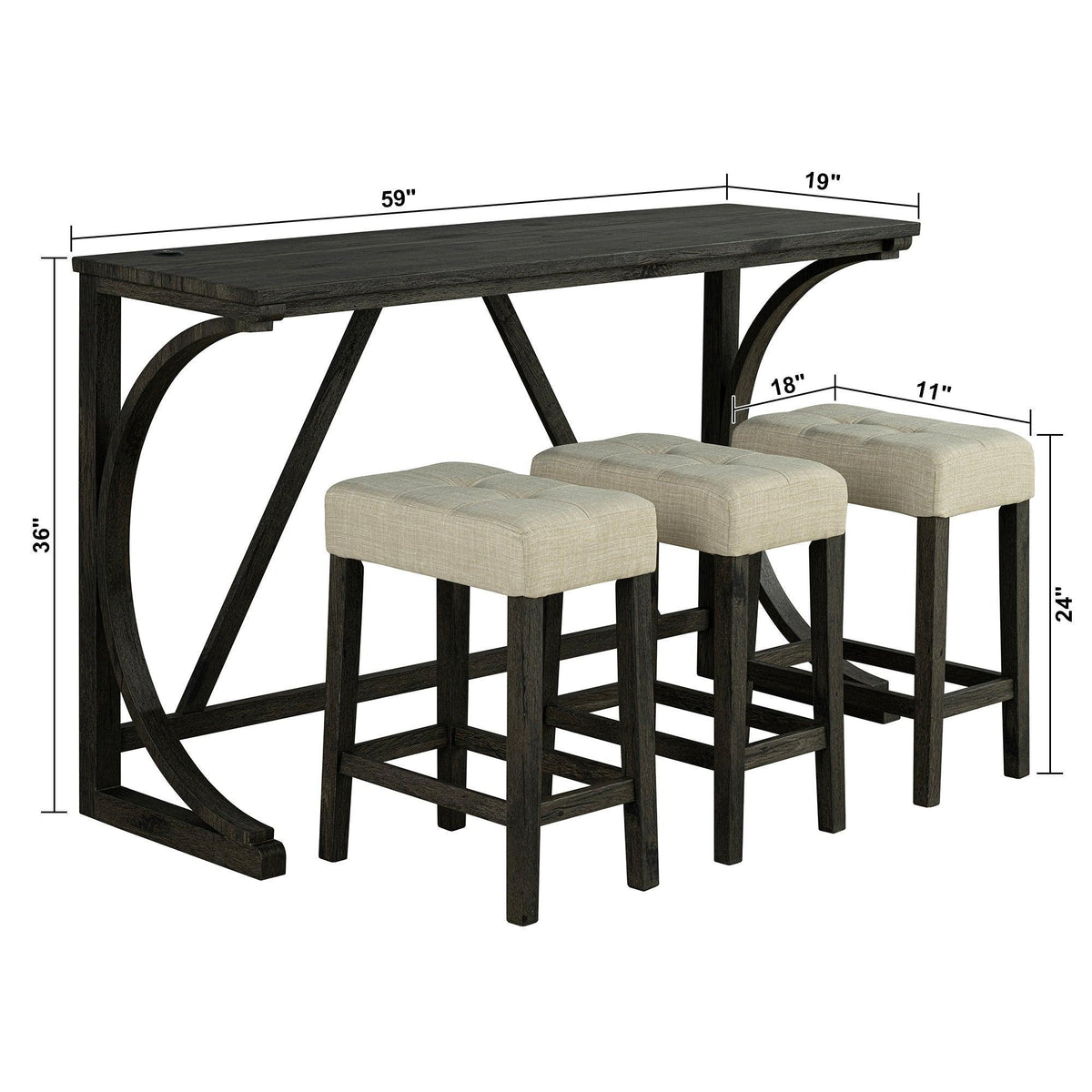 Dark brown bar table set with 3 beige stools, size dimensions shown