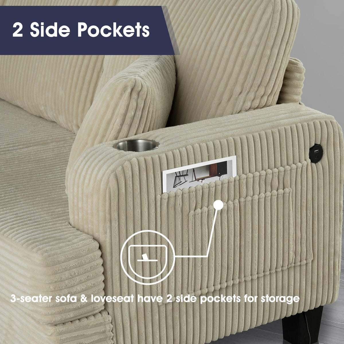 Beige corduroy loveseat with side storage pocket on the armrest