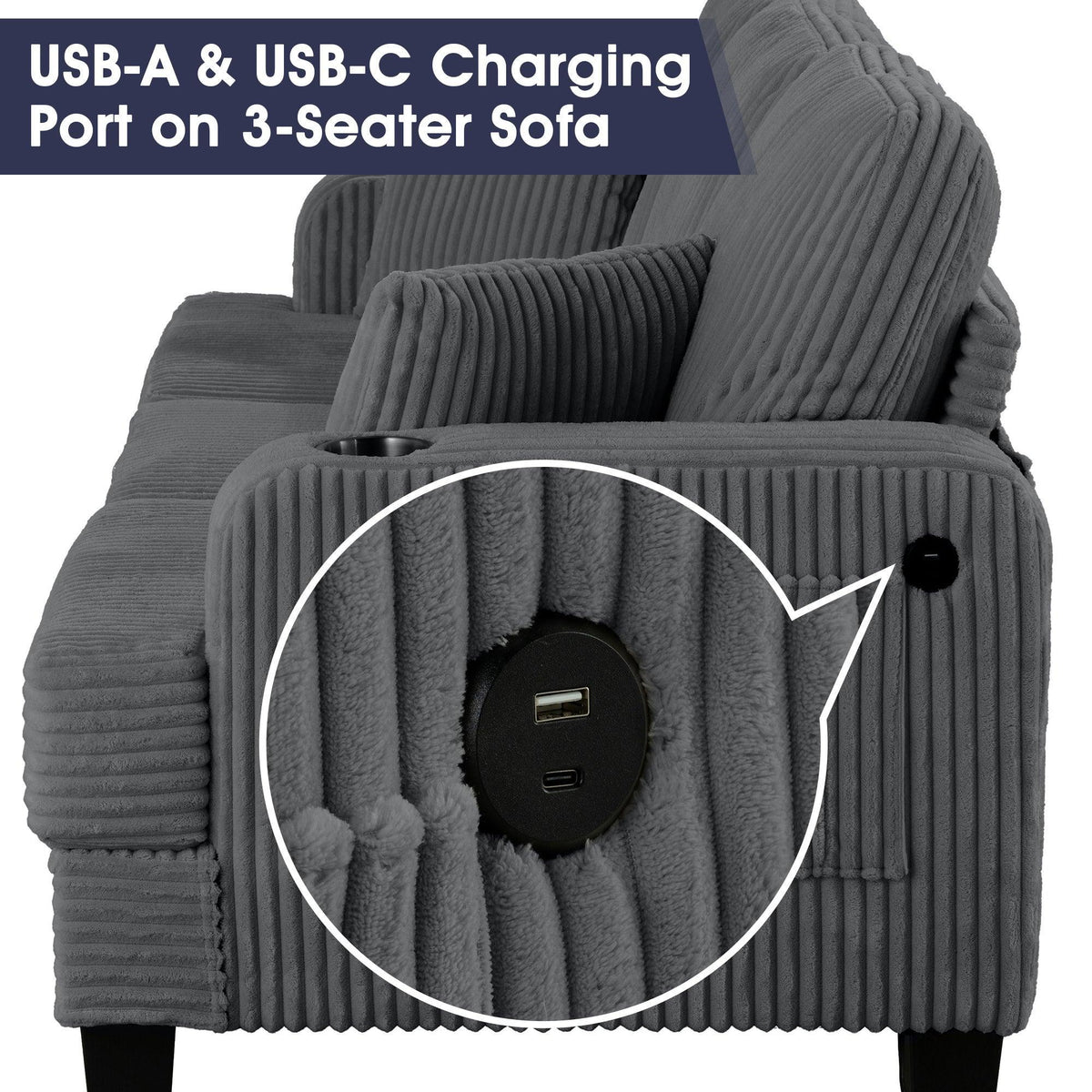 Dark gray sofa armrest charging panel with two USB ports in circular housing