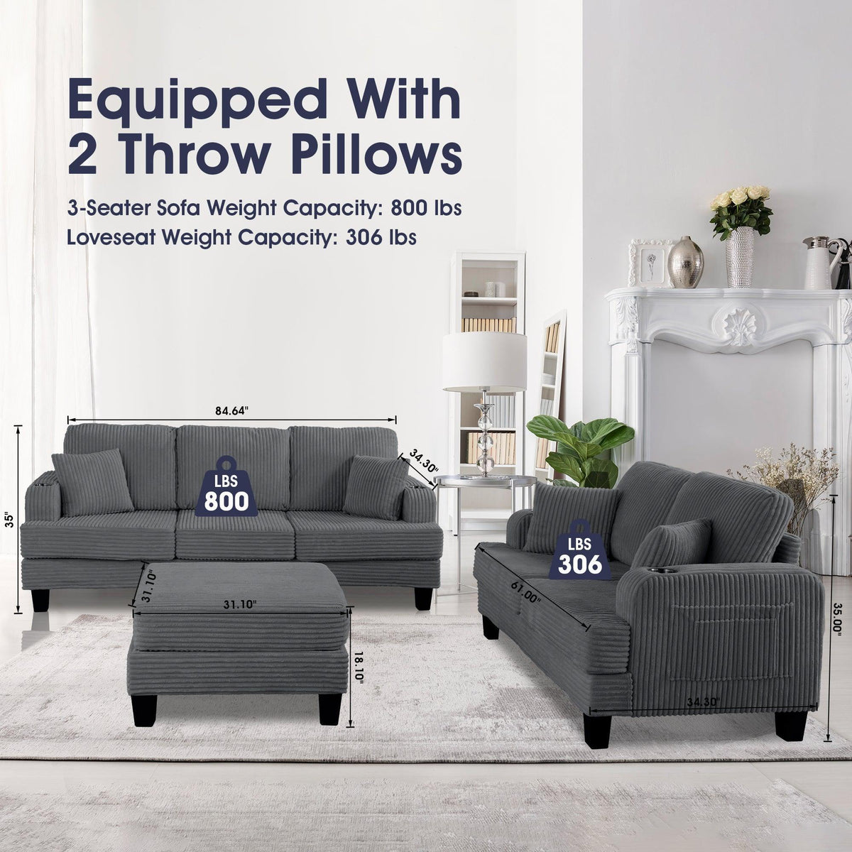 Dark gray corduroy sofa set with two throw pillows and matching loveseat seating