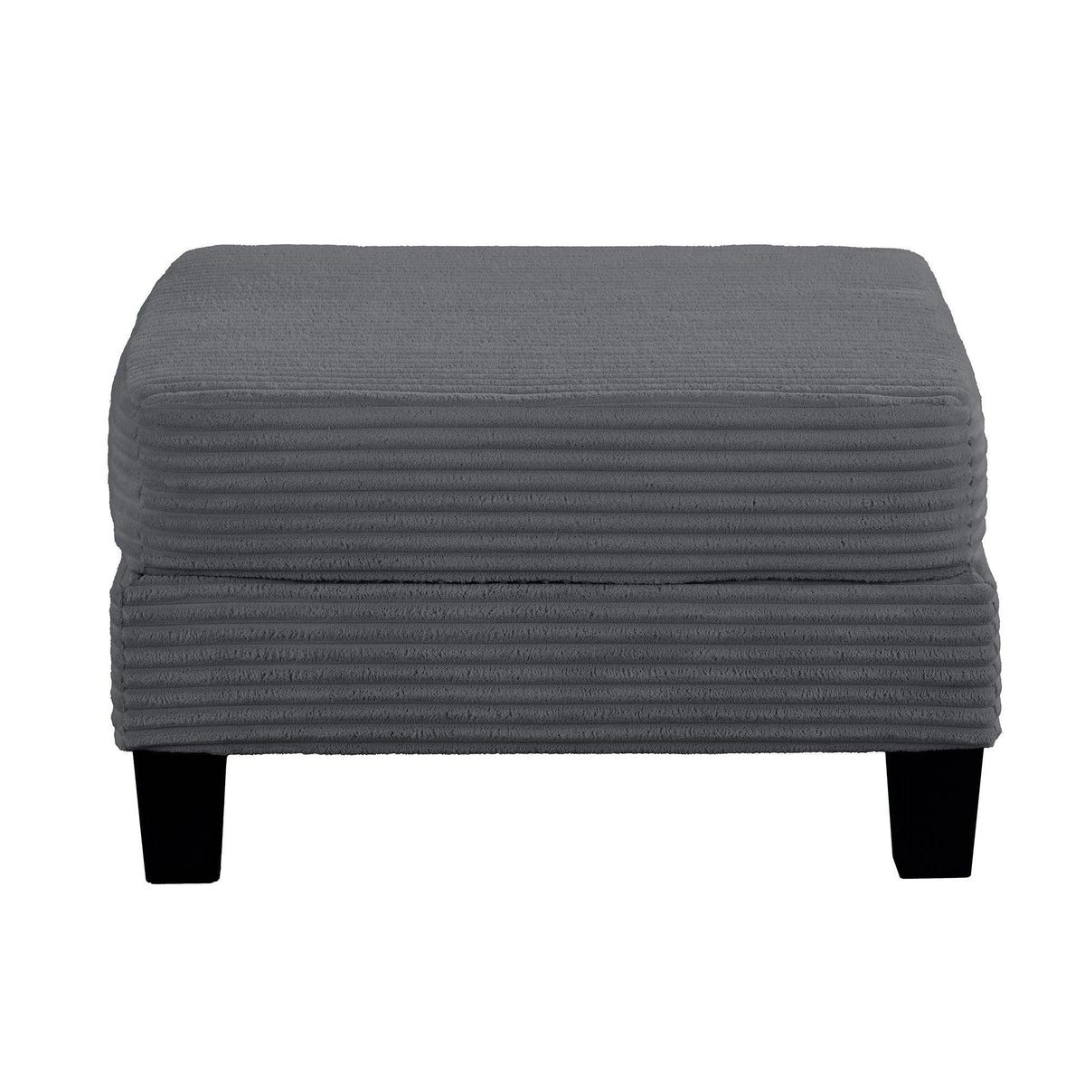 Dark gray storage ottoman with ribbed fabric top and straight padded sides
