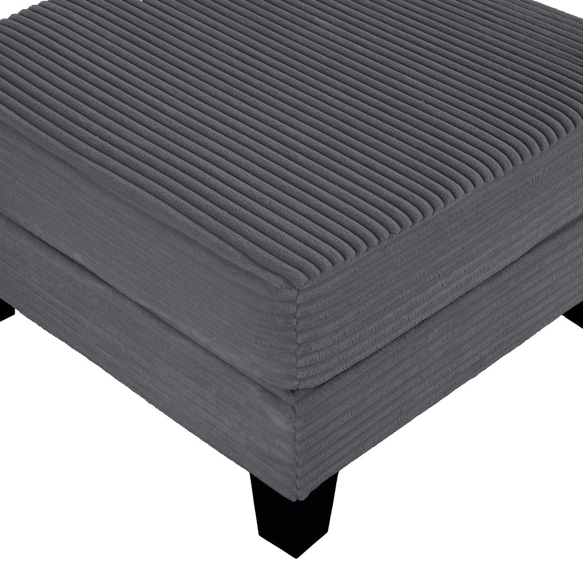 Dark gray storage ottoman top with ribbed fabric texture and rounded corners