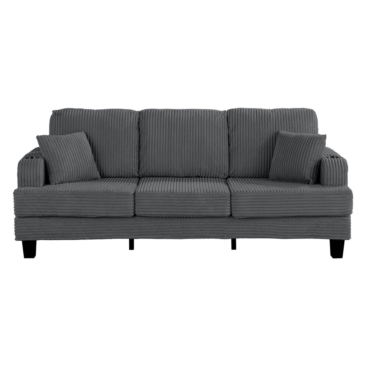 Dark gray 3-seater sofa with ribbed back cushions and three padded seat sections