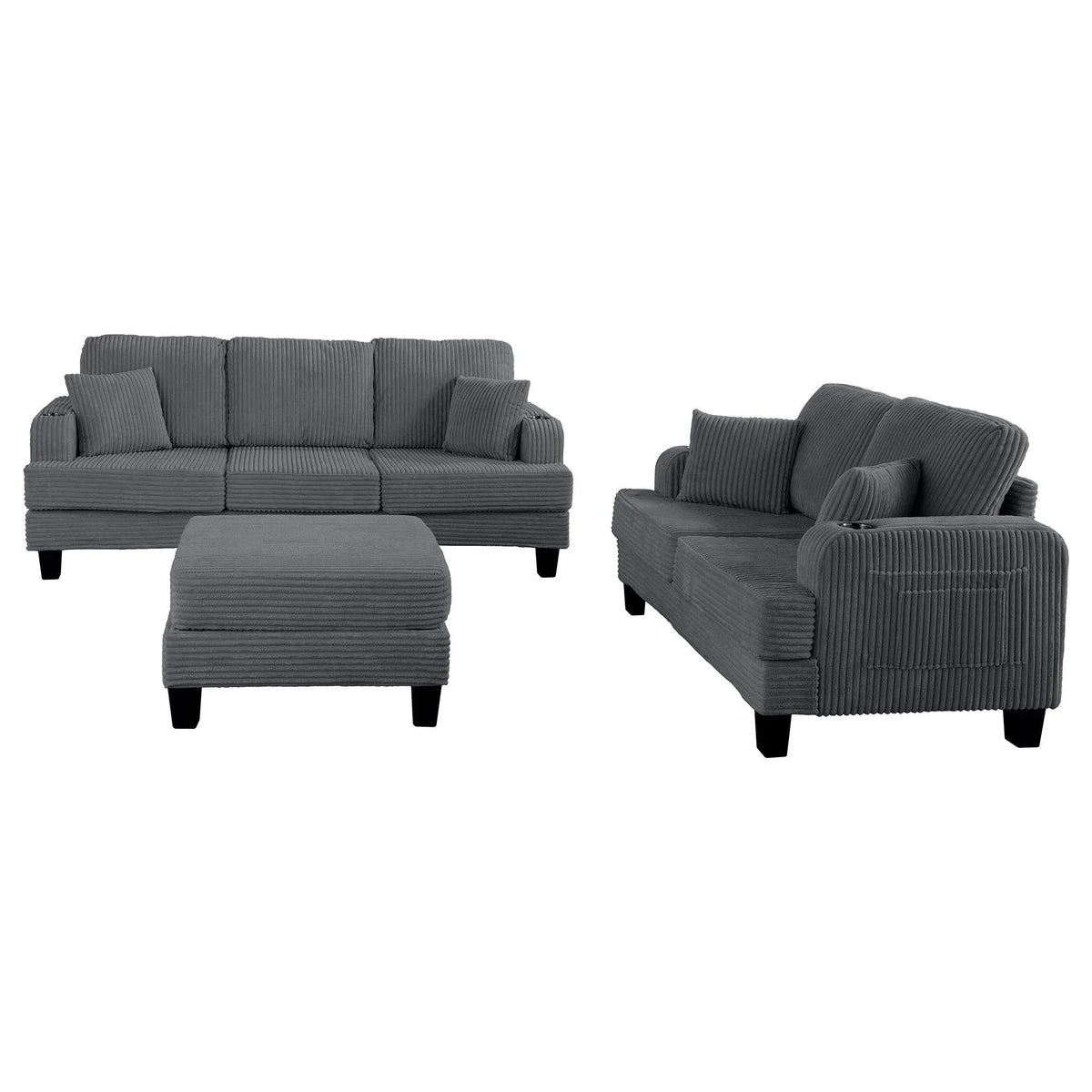 Dark gray 3-seater sofa, loveseat, and storage ottoman set with striped upholstery