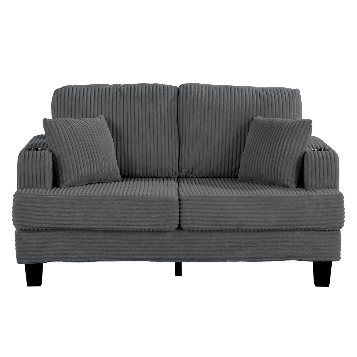Dark gray 3-seater sofa with vertical channel stitching and four accent pillows