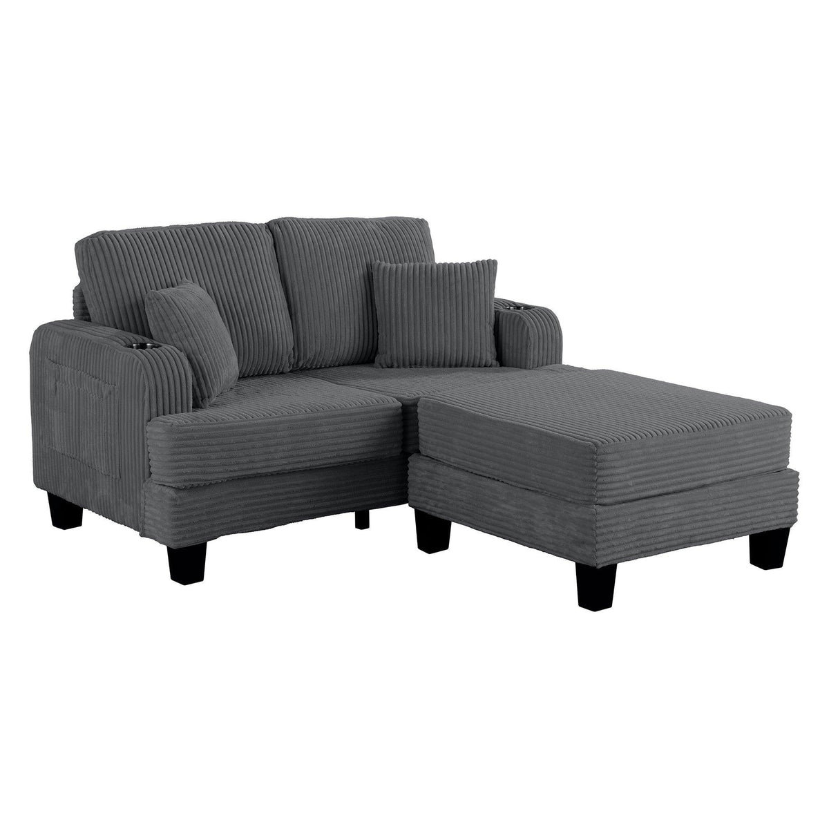 Dark gray loveseat with extended ottoman-style seat and striped cushion padding