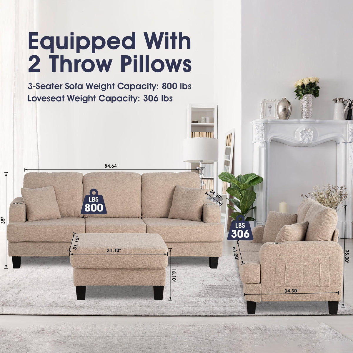 Beige sofa set layout with 3-seat sofa, loveseat, and storage ottoman
