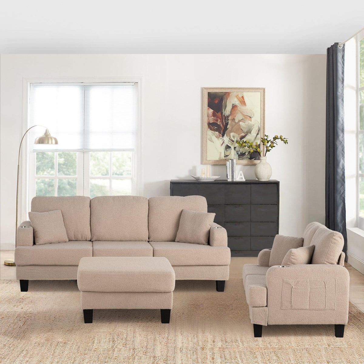 Beige sofa set with storage ottoman and matching armchair