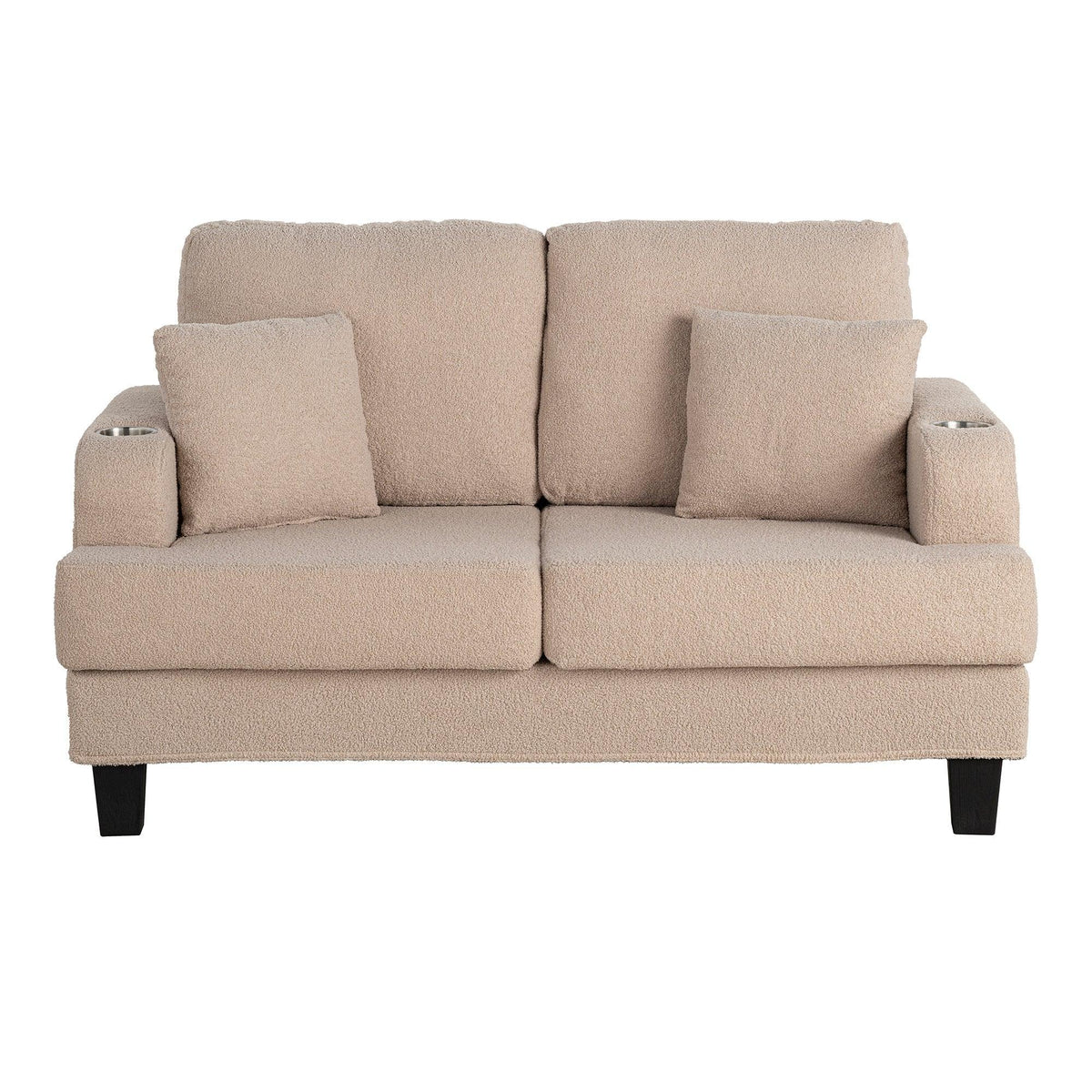 Beige two-seat sofa with four back cushions and armrests