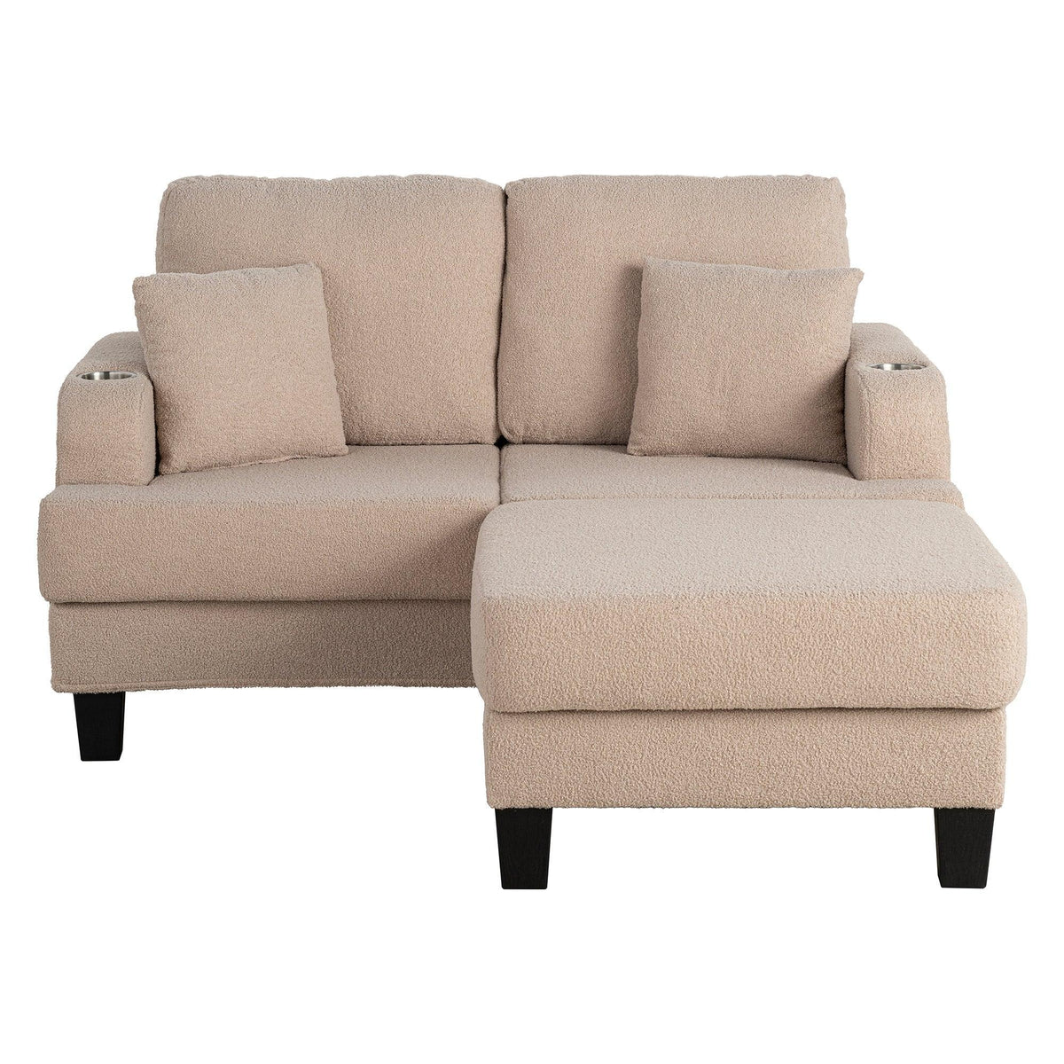 Beige sectional sofa with chaise-style ottoman extension and four cushions