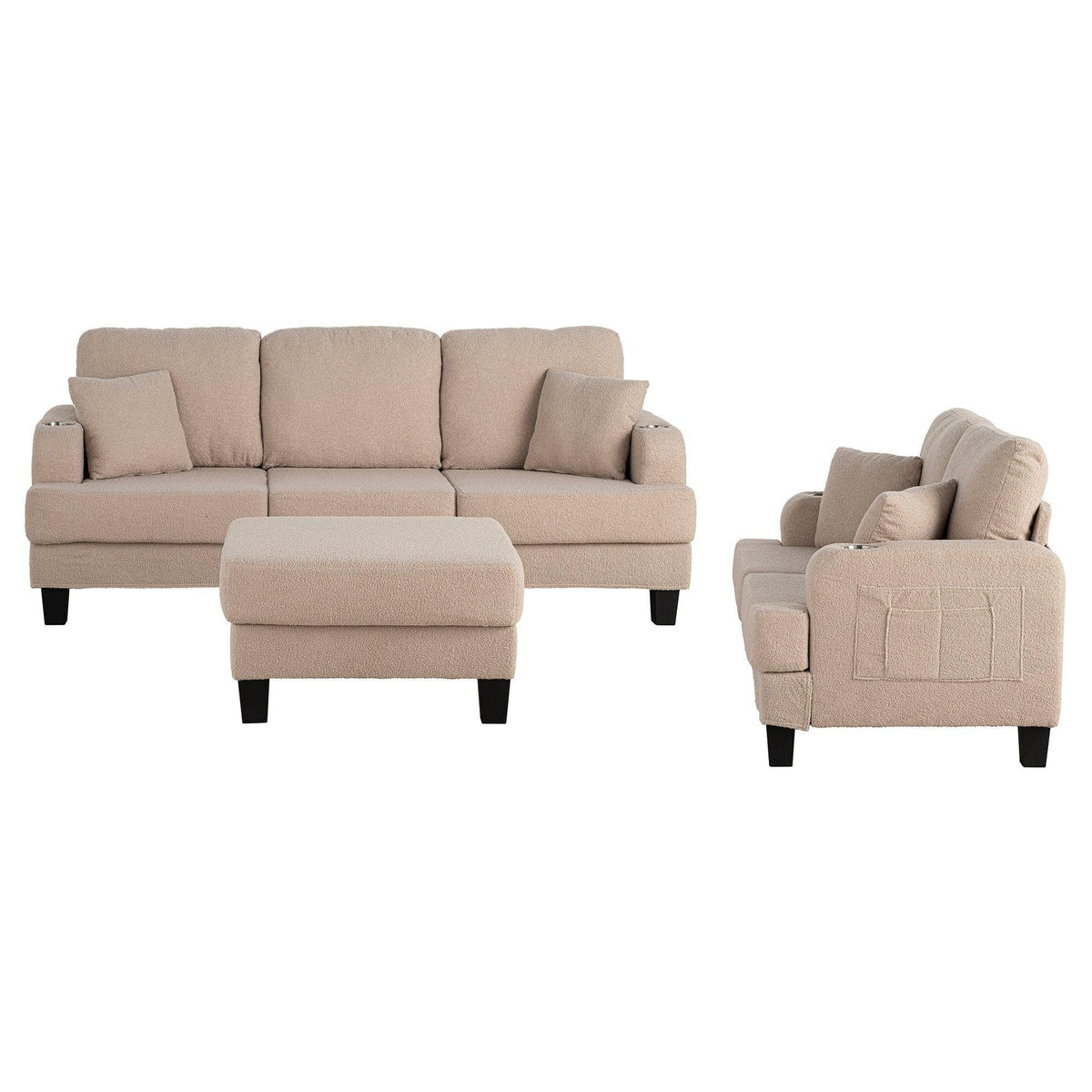 Beige sofa set with ottoman and matching armchair with tapered legs