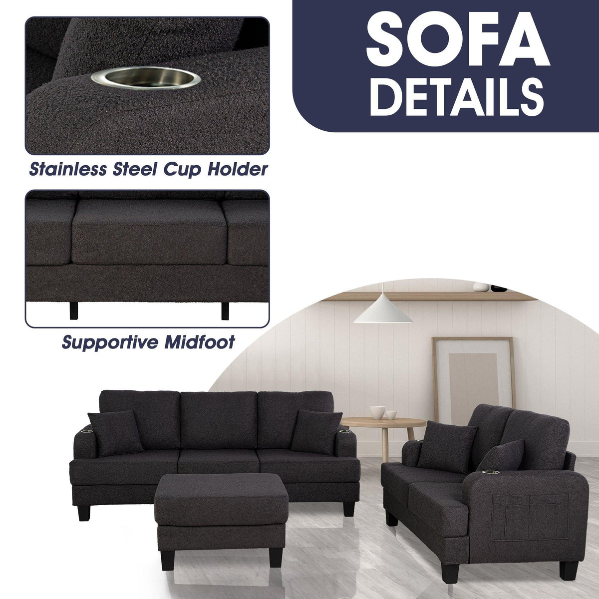Dark gray sofa and loveseat set with storage ottoman; stainless steel cup holder detail
