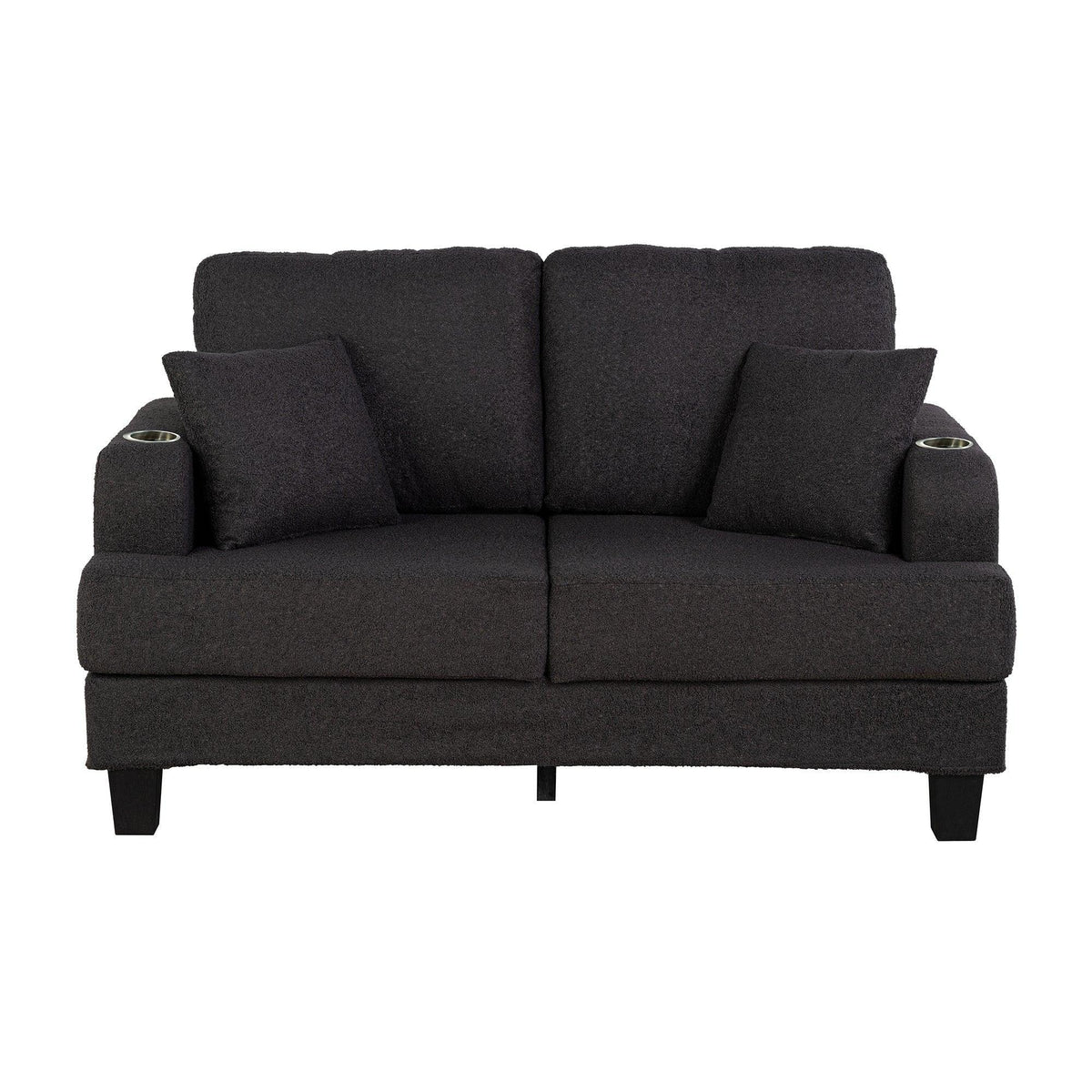 Dark gray 3-seat sofa with cushioned back, seat, and four padded throw cushions