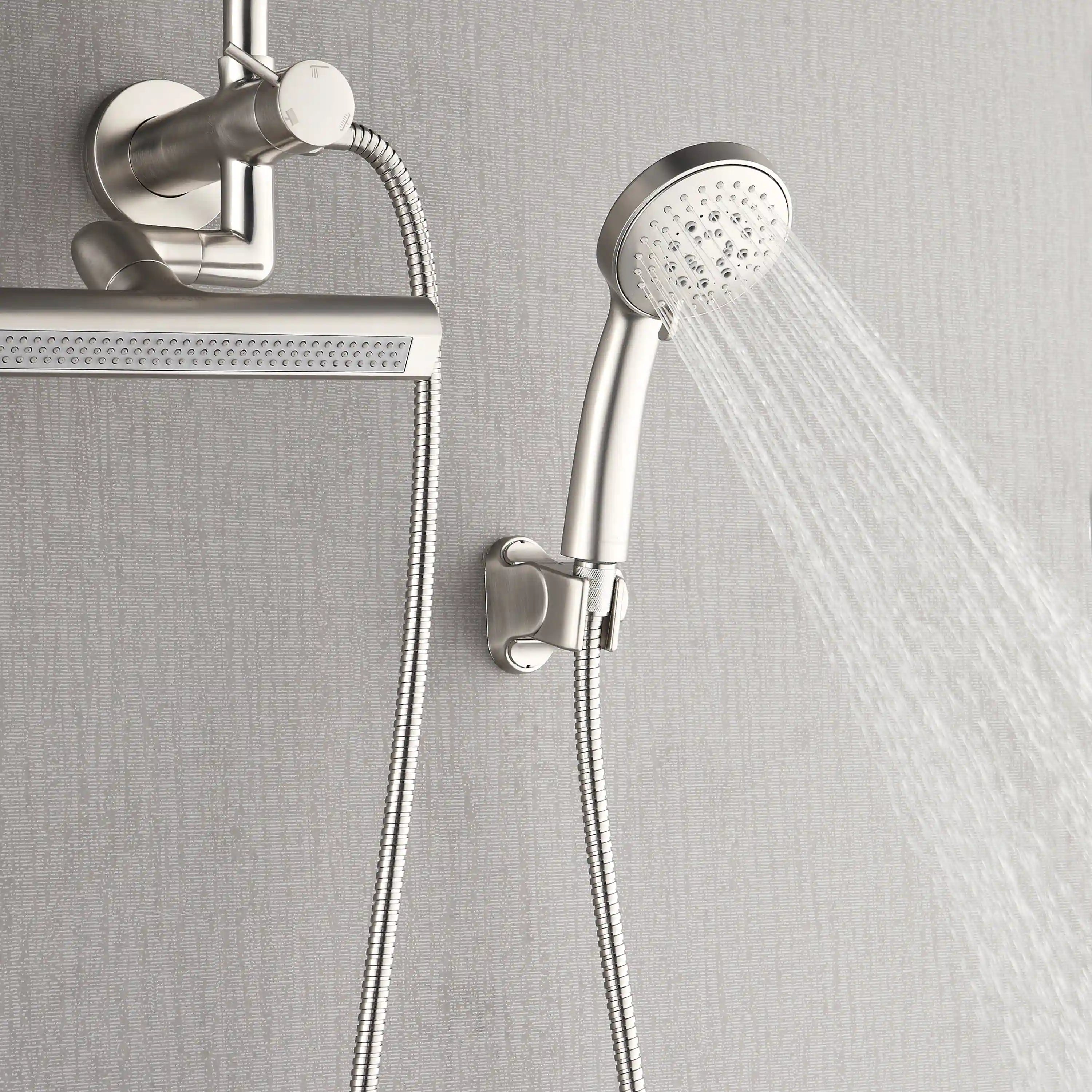 Brushed nickel overhead rainfall shower head with handheld sprayer and hose