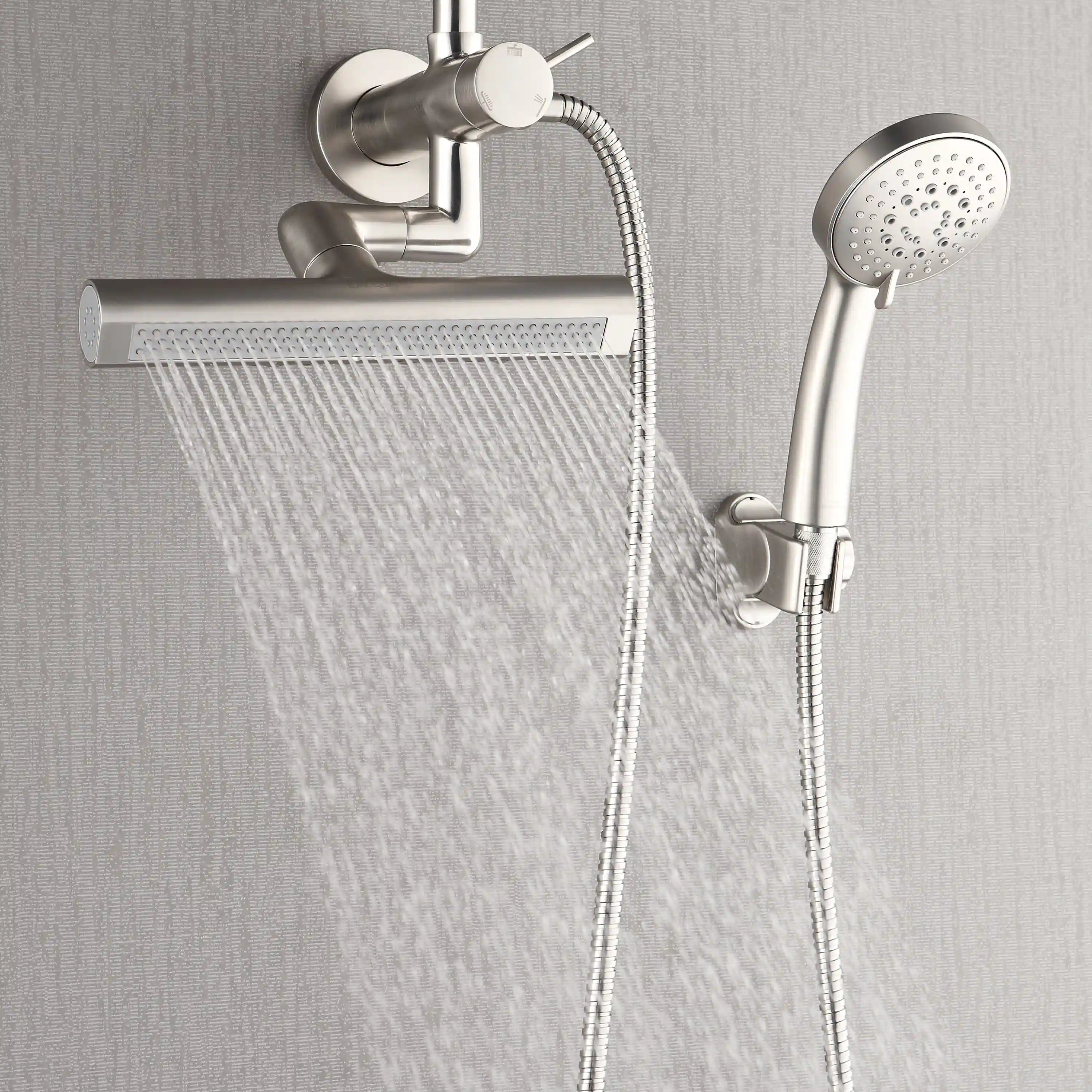 Brushed nickel mini rainfall shower head with handheld sprayer, wall mount