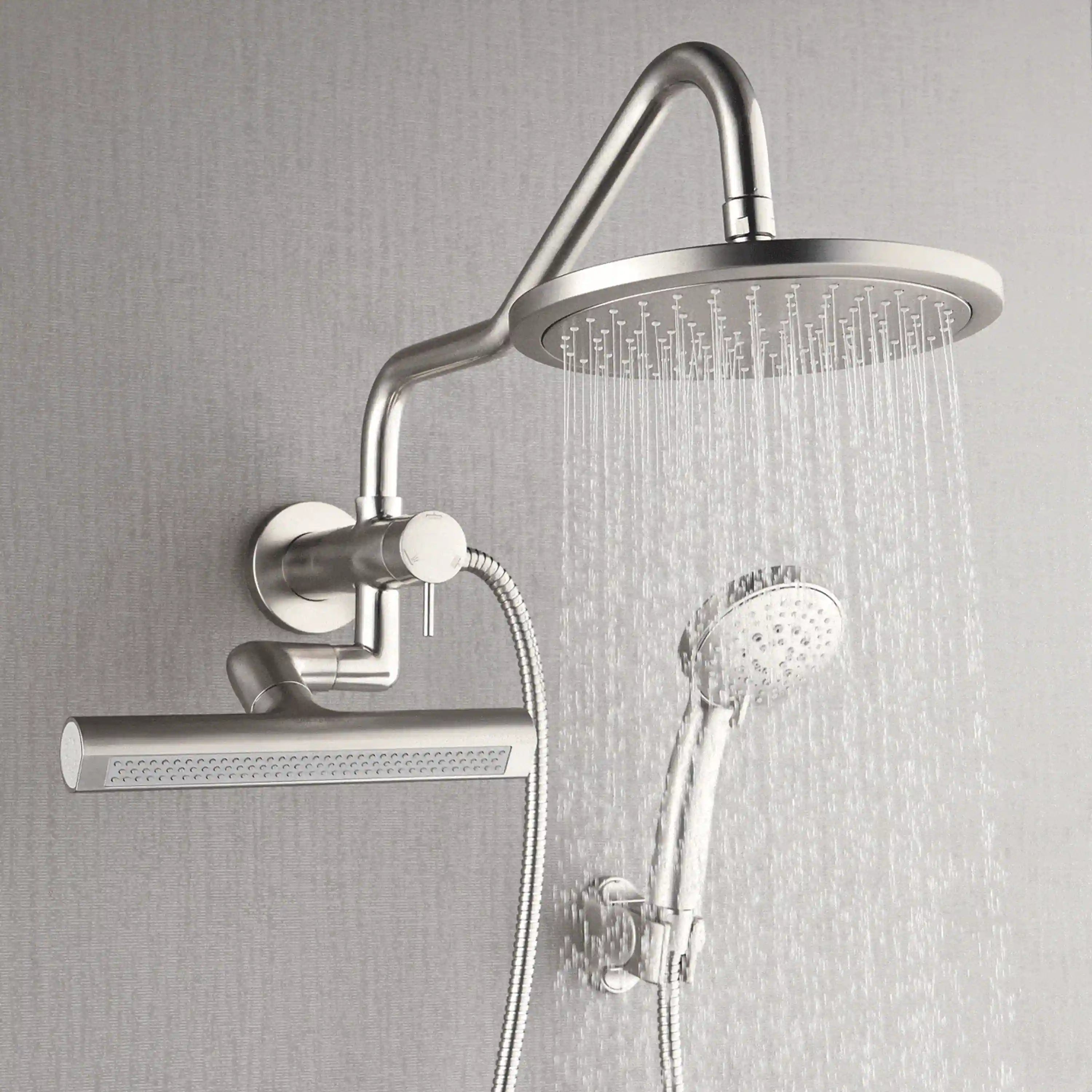 Brushed nickel 9-inch rainfall shower head with handheld sprayer below