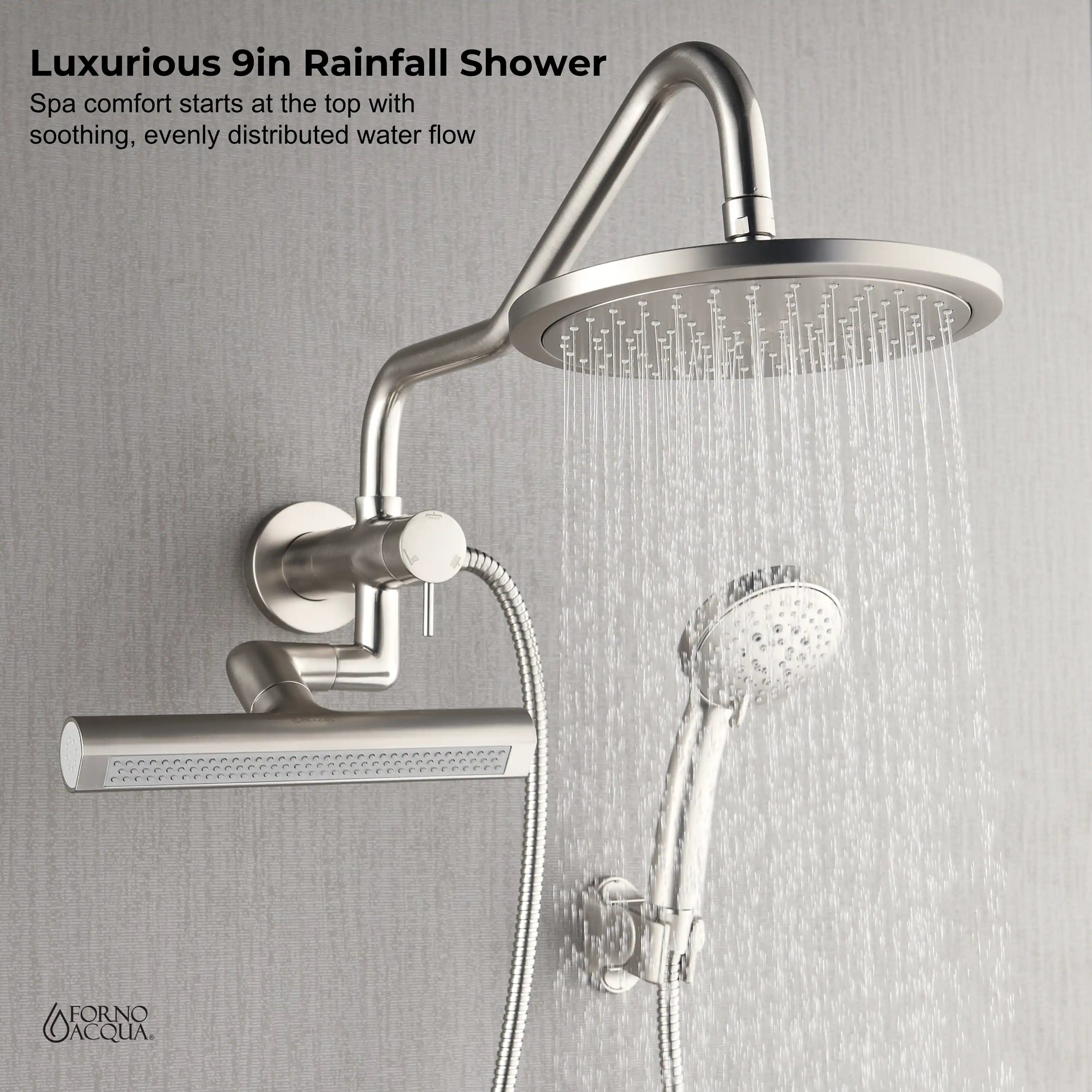 Brushed nickel mini rainfall shower head with handheld sprayer and wall mount